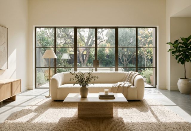 A sunlight-drenched living room with a 36-inch primary walkway between a curved boucle sofa and a honed travertine coffee table, illustrating top organizing apps 1012 decor ideas for spatial flow.