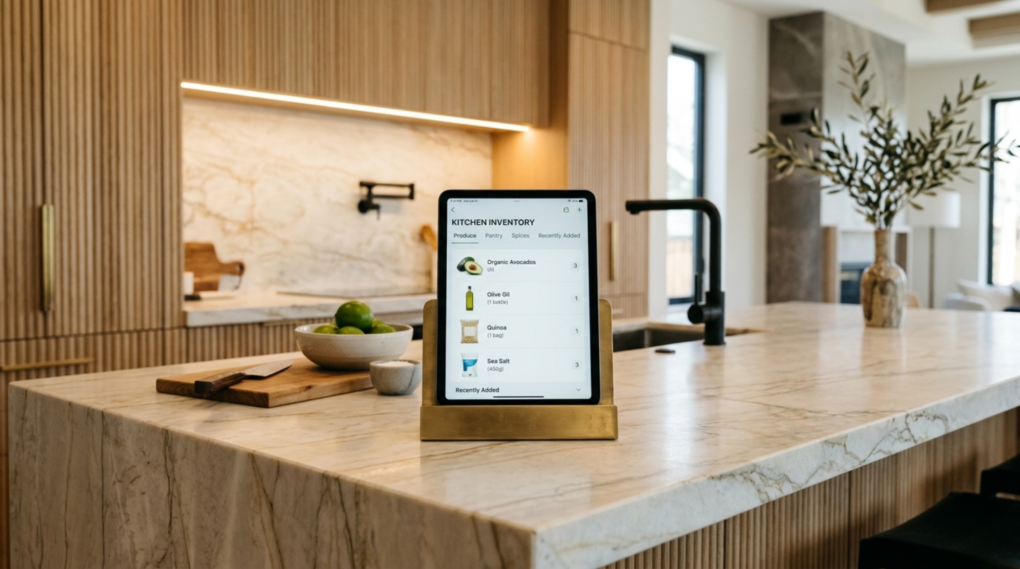 A minimalist kitchen detail featuring integrated fumed oak cabinetry and a digital tablet displaying inventory management, maintaining architectural integrity and space optimization.