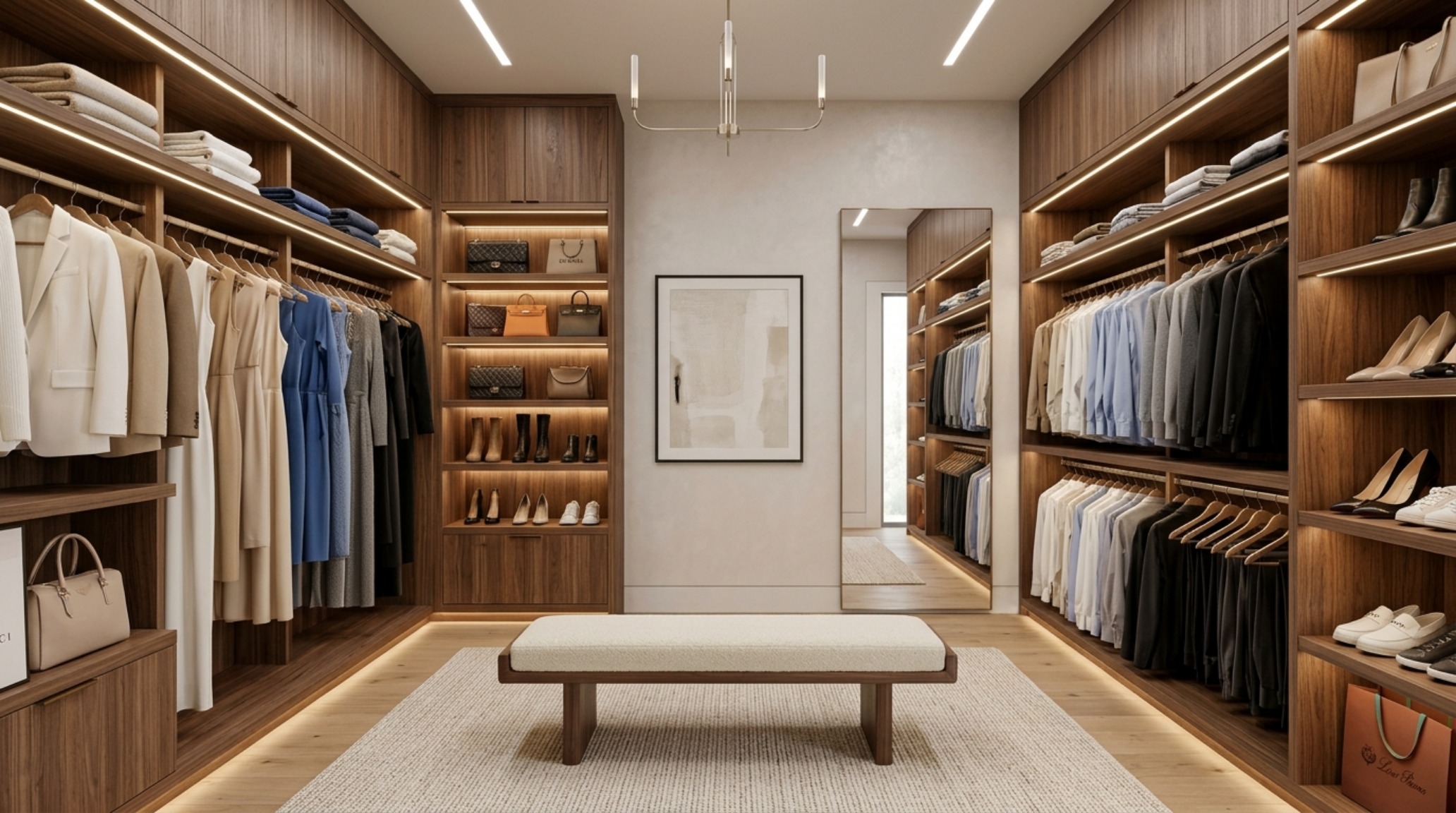 Bespoke closet design with fluted wood details and organized shelving, showcasing aesthetic closet organization apps and digital wardrobe inventory concepts.