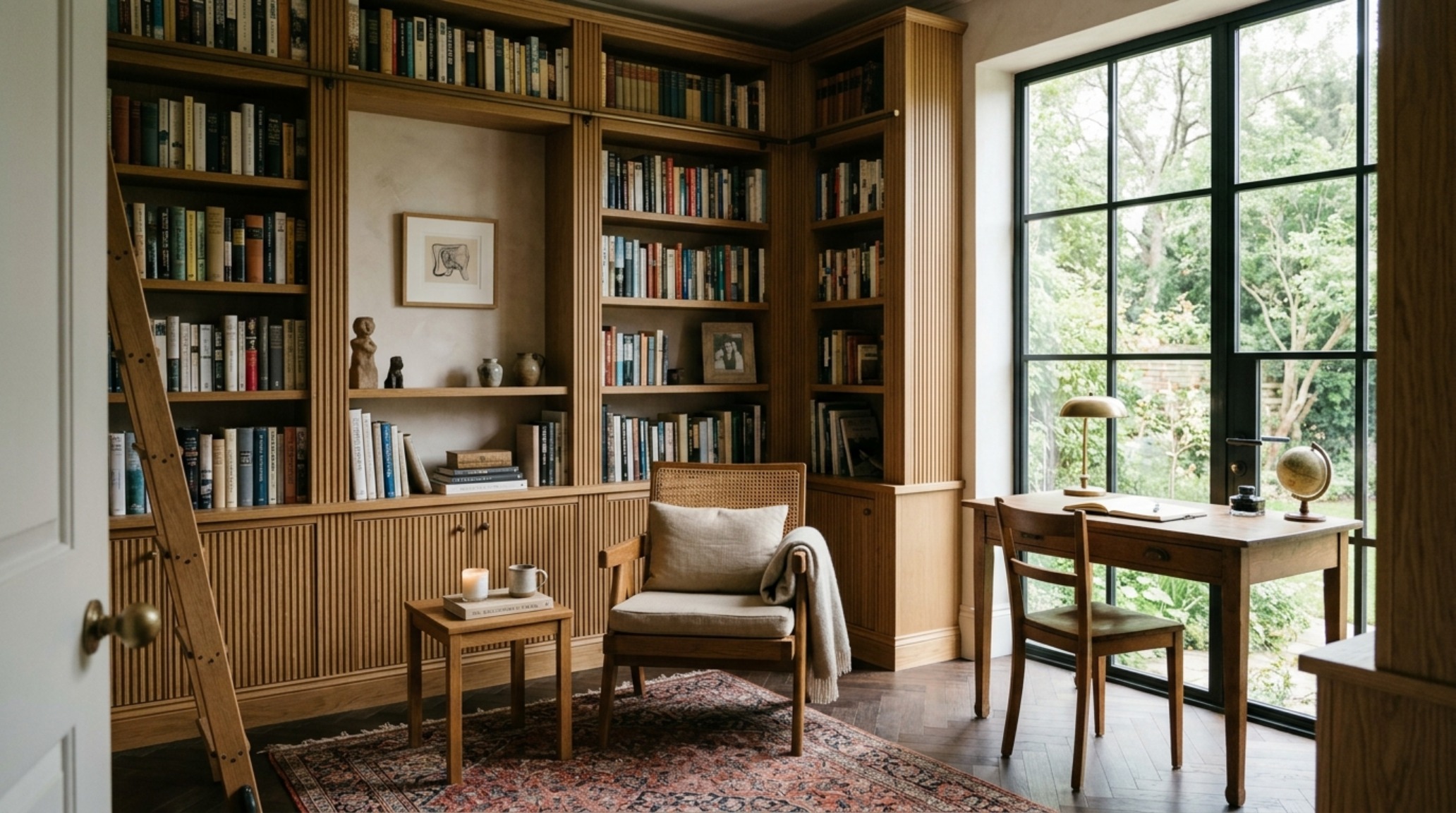 A sophisticated home library with perfectly balanced furniture proportions and warm 2700K cove lighting, highlighting digital interior design planning tools in a 1012 scale.