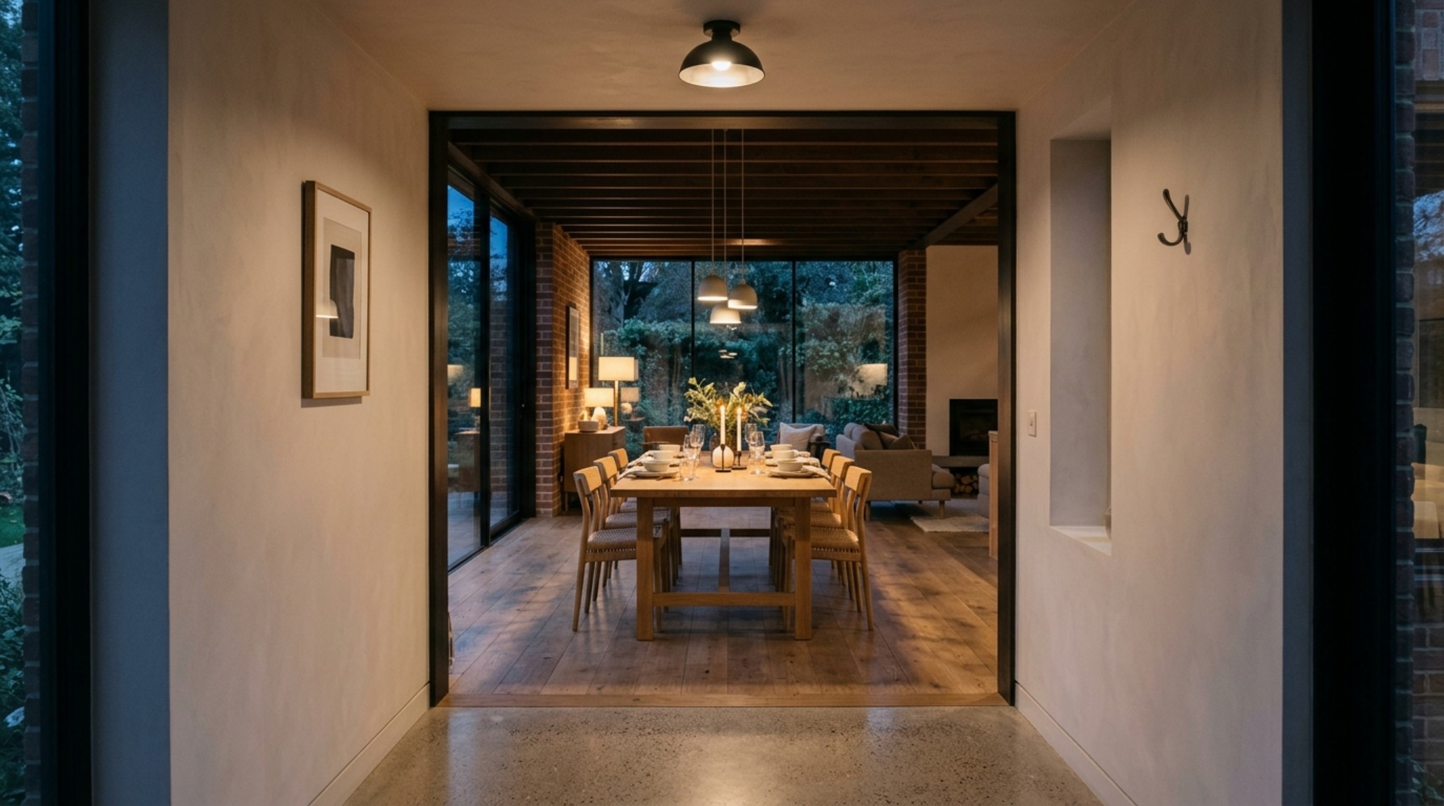 Architectural sightline from an entryway into a dining area, showing 30-inch chair clearances and the impact of smart home storage management tools on spatial cadence.