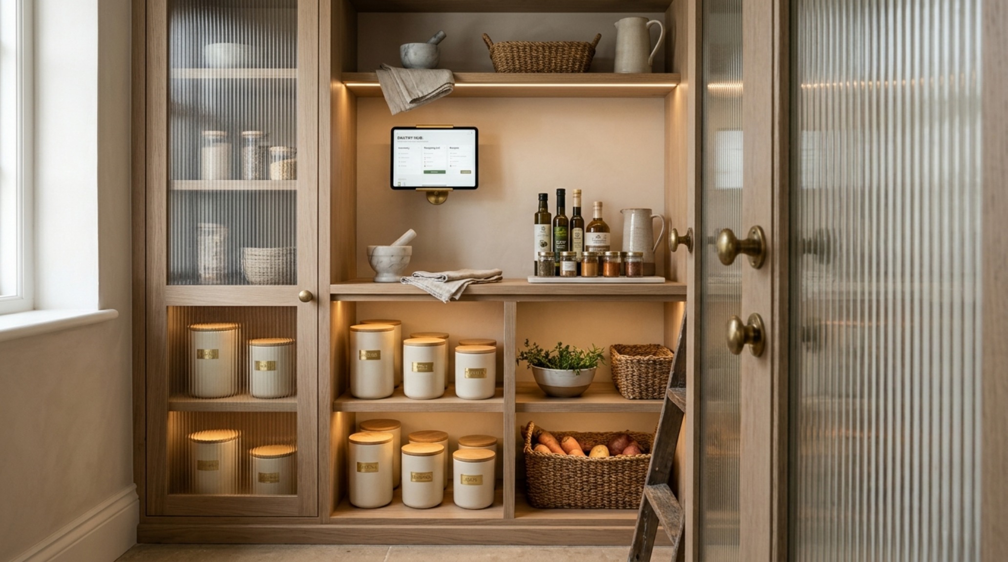 A modern pantry featuring custom fluted glass jars and sleek labeling, utilizing modern pantry organization tech 2024 to prevent visual clutter in an organic modern kitchen.