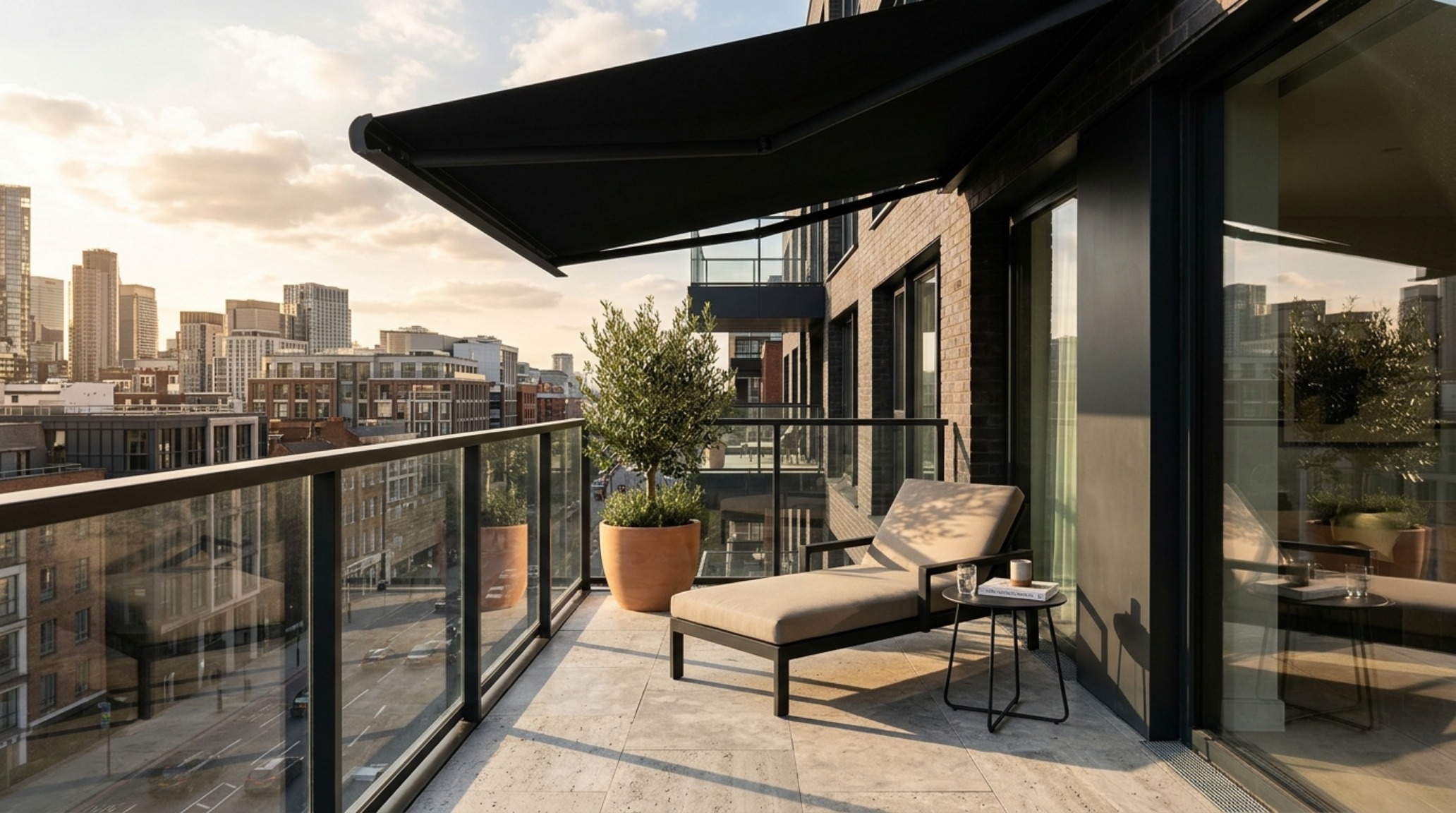 A sophisticated urban balcony featuring a matte black cantilevered awning over a minimalist seating area with honed travertine flooring and city skyline views.