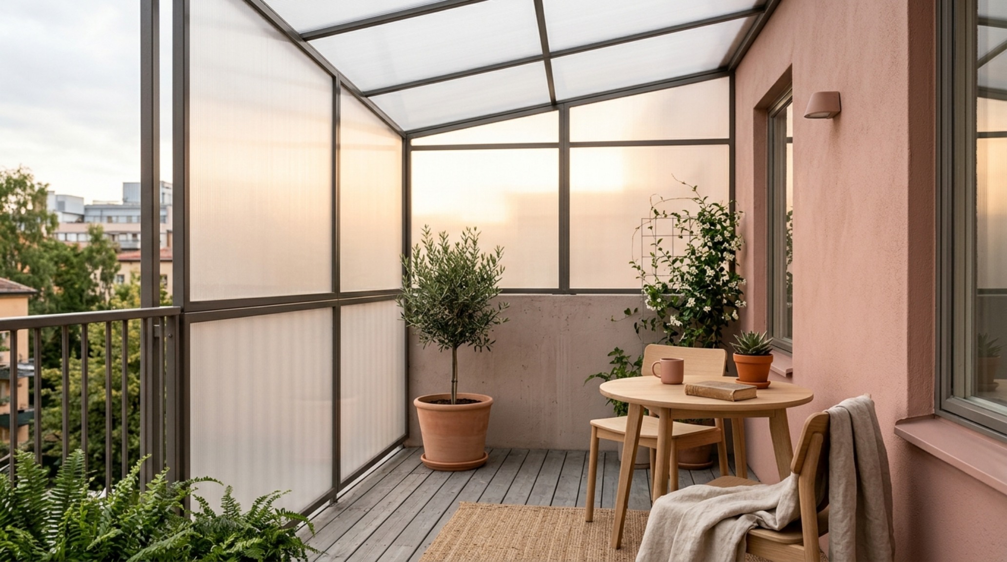 Modern apartment balcony shade idea using semi-translucent polycarbonate panels to create a diffused light effect during the golden hour.
