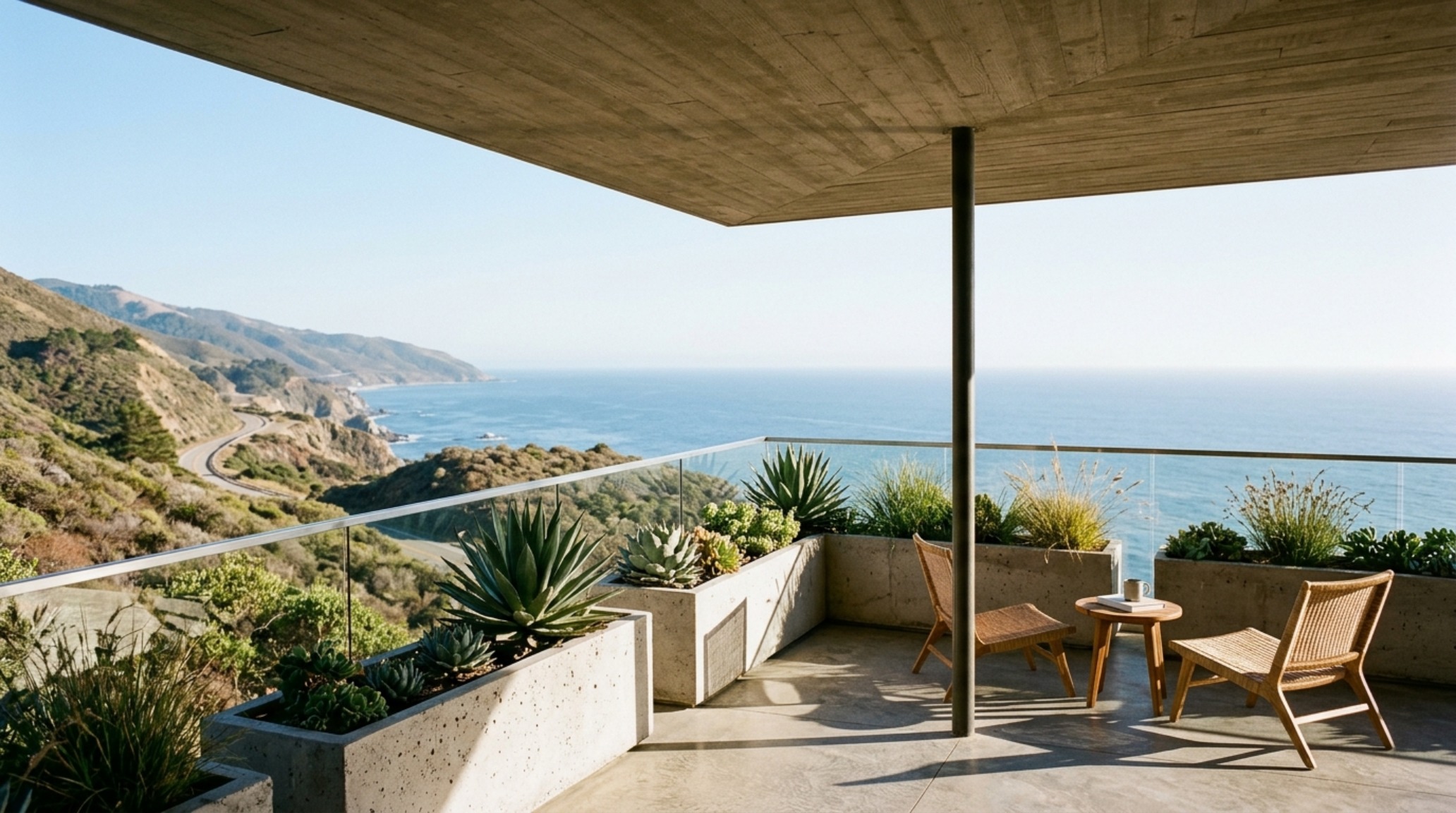 Minimalist urban terrace with a single structural pillar supporting a sleek cantilevered roof, styled with Organic Modern furniture.