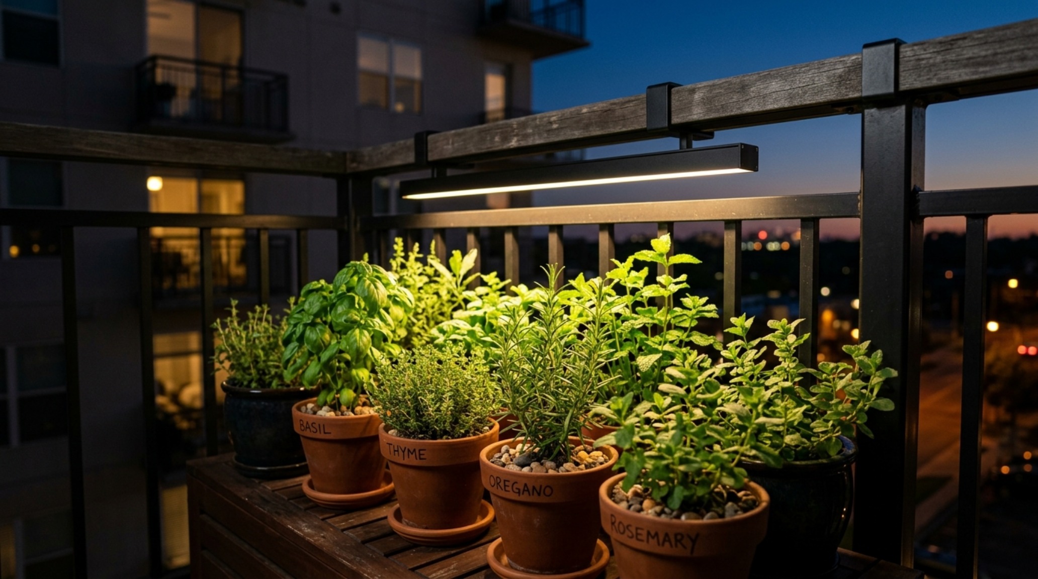 Evening scene on a small balcony featuring high CRI 92+ directional lighting focused on a collection of architectural terra cotta planters.