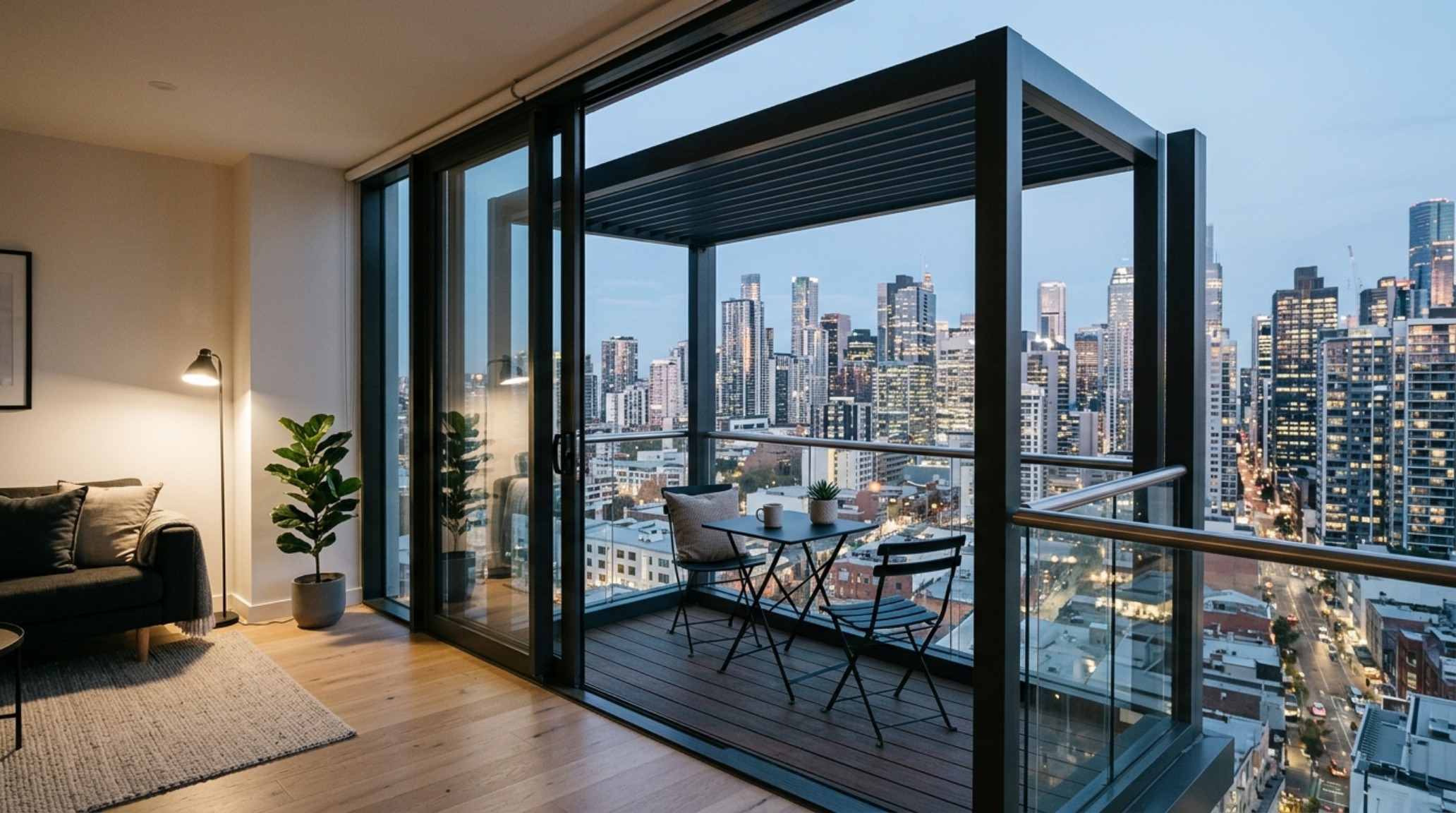 A transformative overhead structure for a narrow apartment balcony, using thin-profile steel to maximize vertical sightlines and sky views.