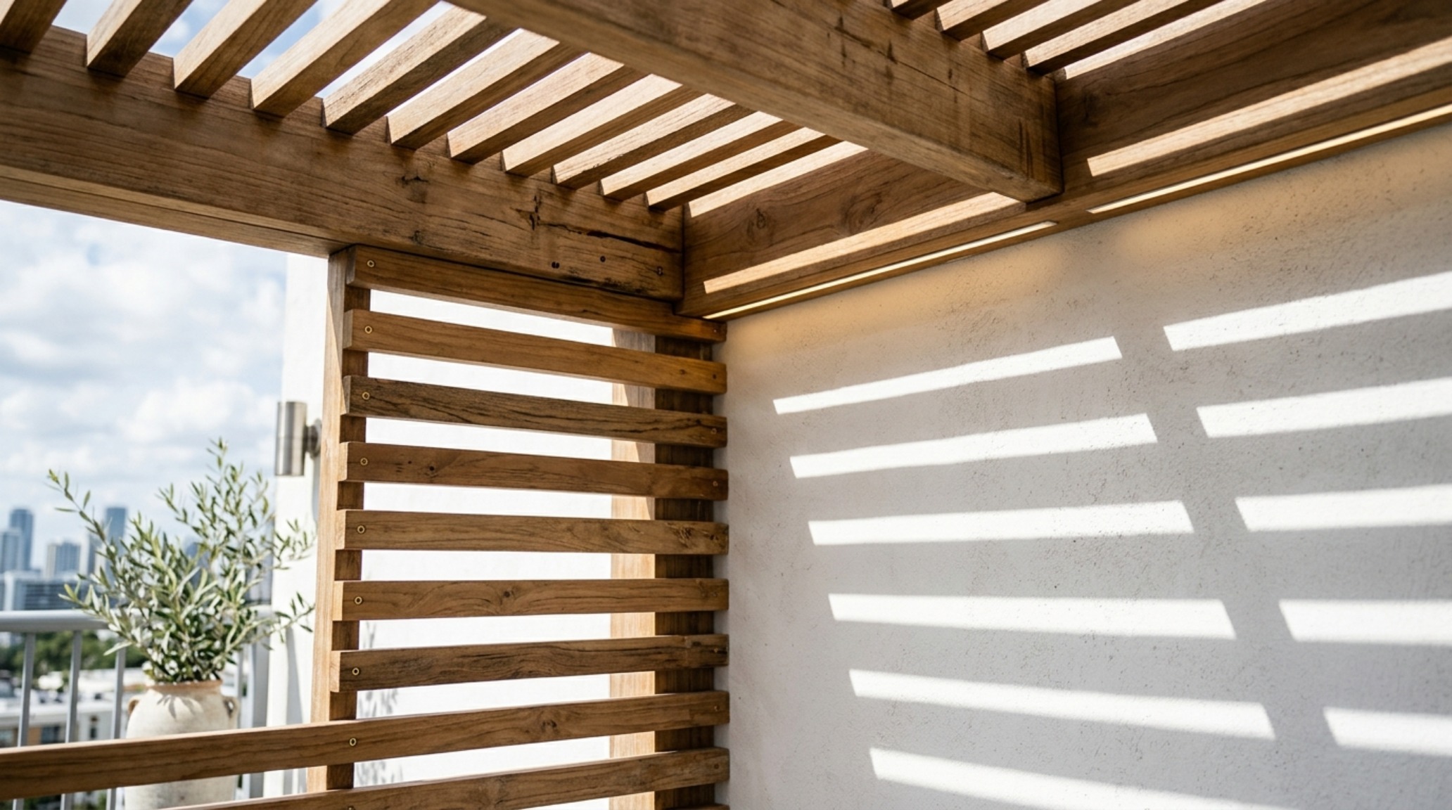 Detail of a slatted Ipe wood pergola on a small balcony, showing the rhythmic shadow patterns and 2700K integrated LED strip lighting at dusk.
