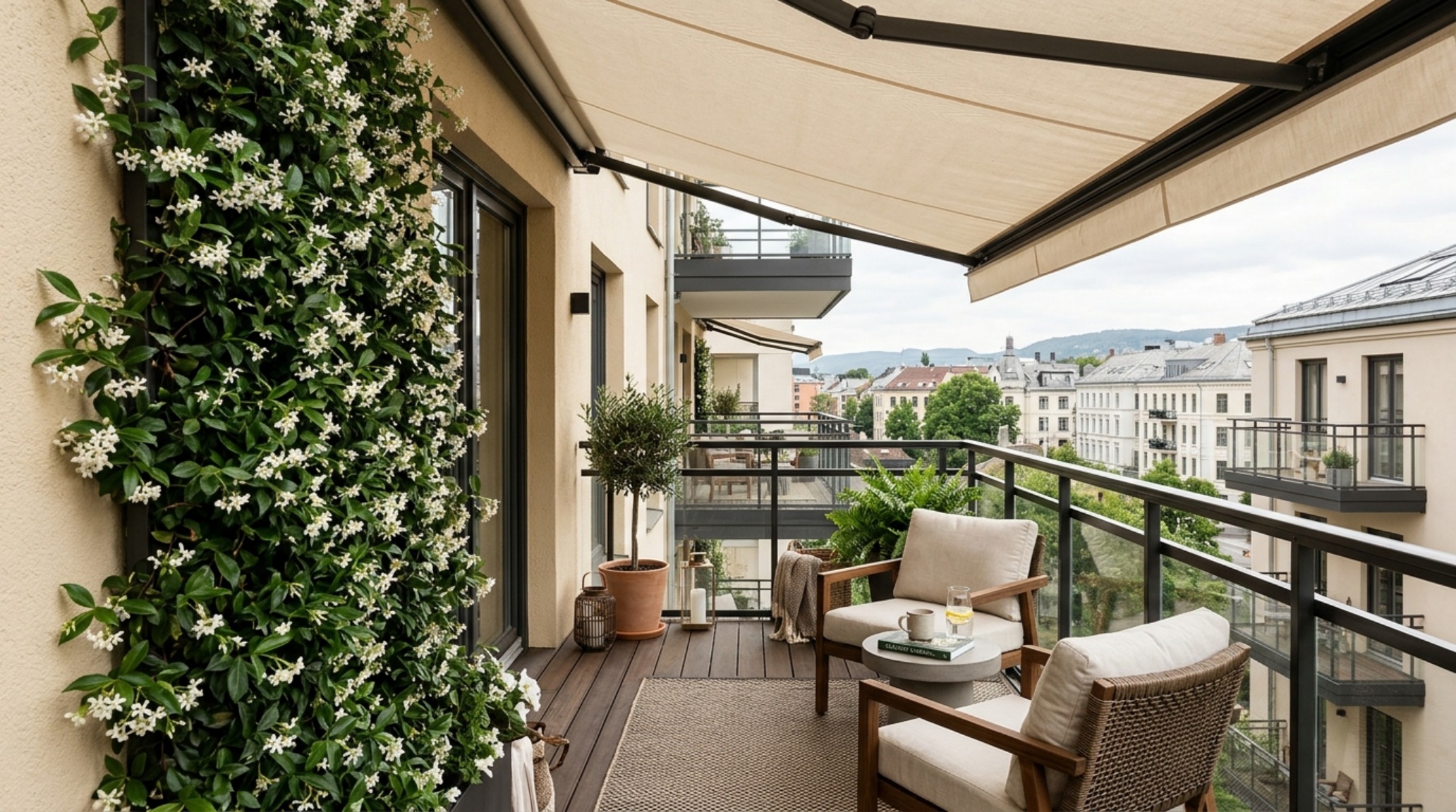 High-end small apartment balcony idea featuring a retractable cream fabric awning and a vertical garden privacy screen with climbing jasmine.