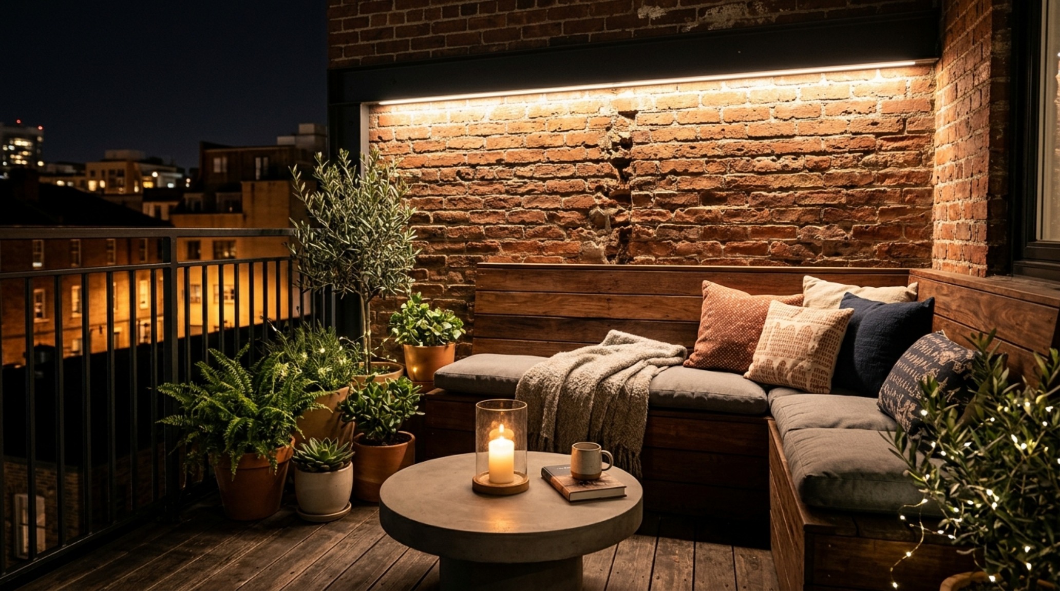 A cozy outdoor balcony nook at night, illuminated by warm linear grazing lights along a structural beam, featuring a built-in floating bench.