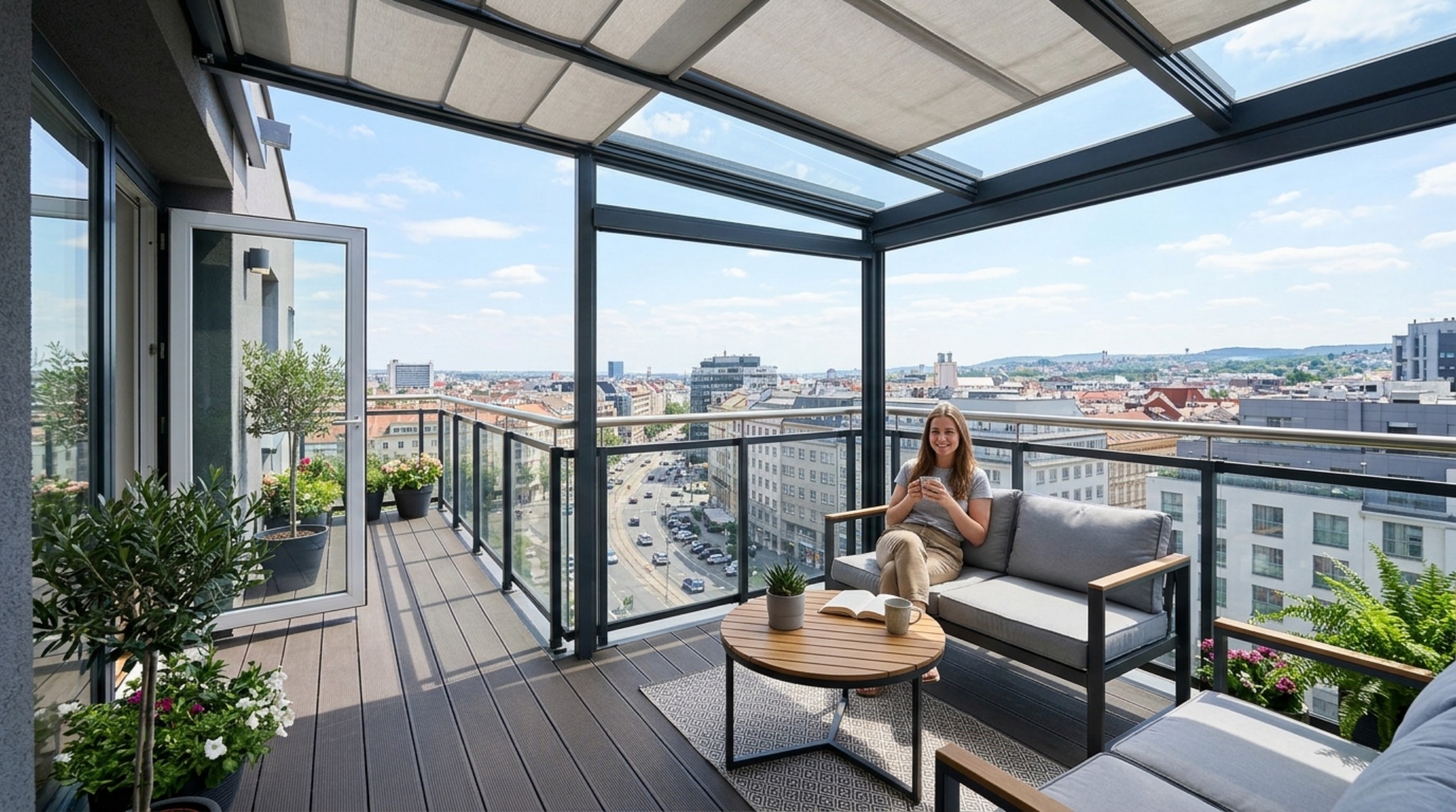 Architectural view of a small balcony with 36-inch walkway clearances, a low-profile coffee table, and a modern aluminum patio cover design.