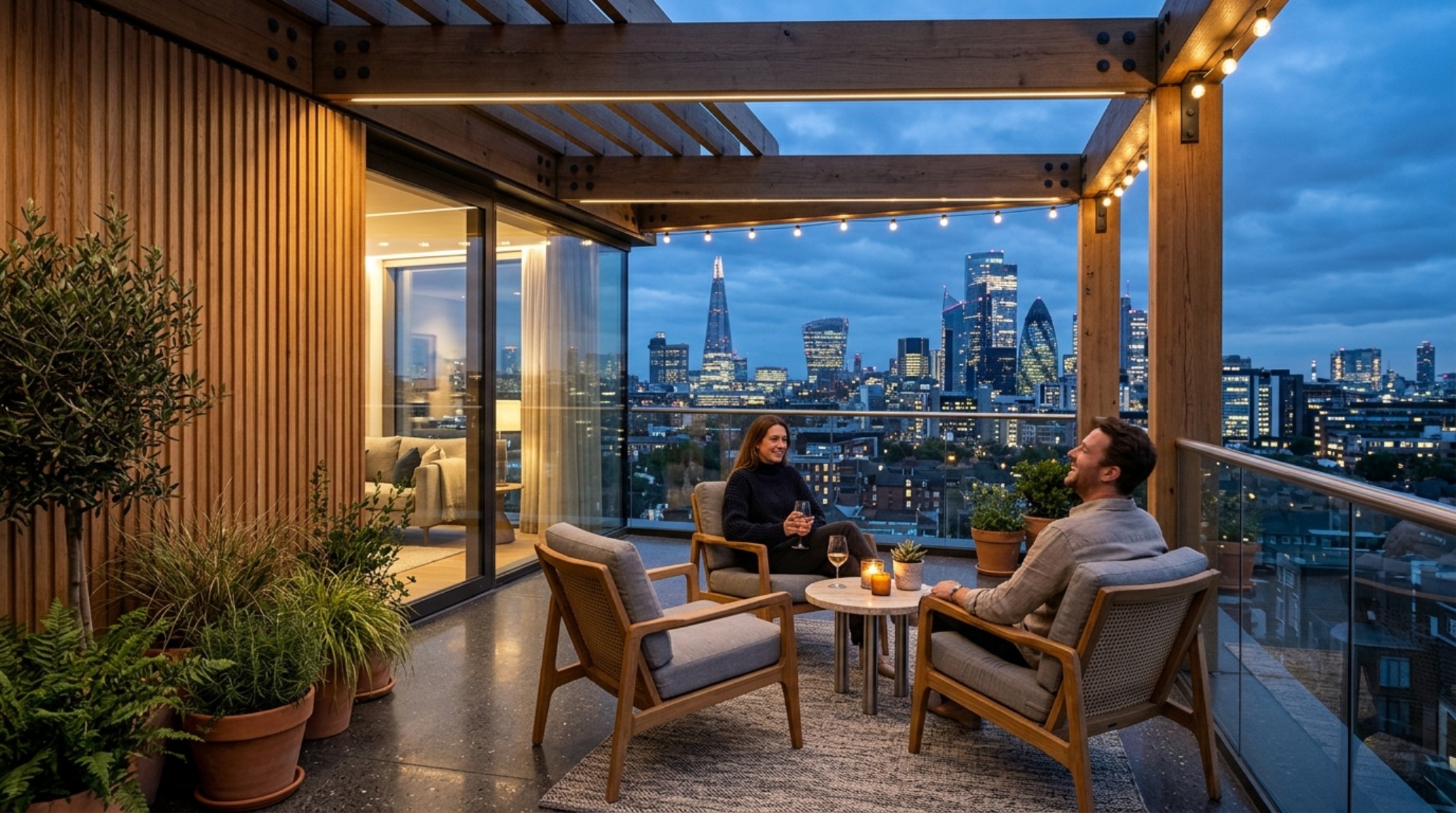 Wide-angle shot of a luxury penthouse balcony with a structural timber overhead and fluted oak wall panels, emphasizing spatial cadence.