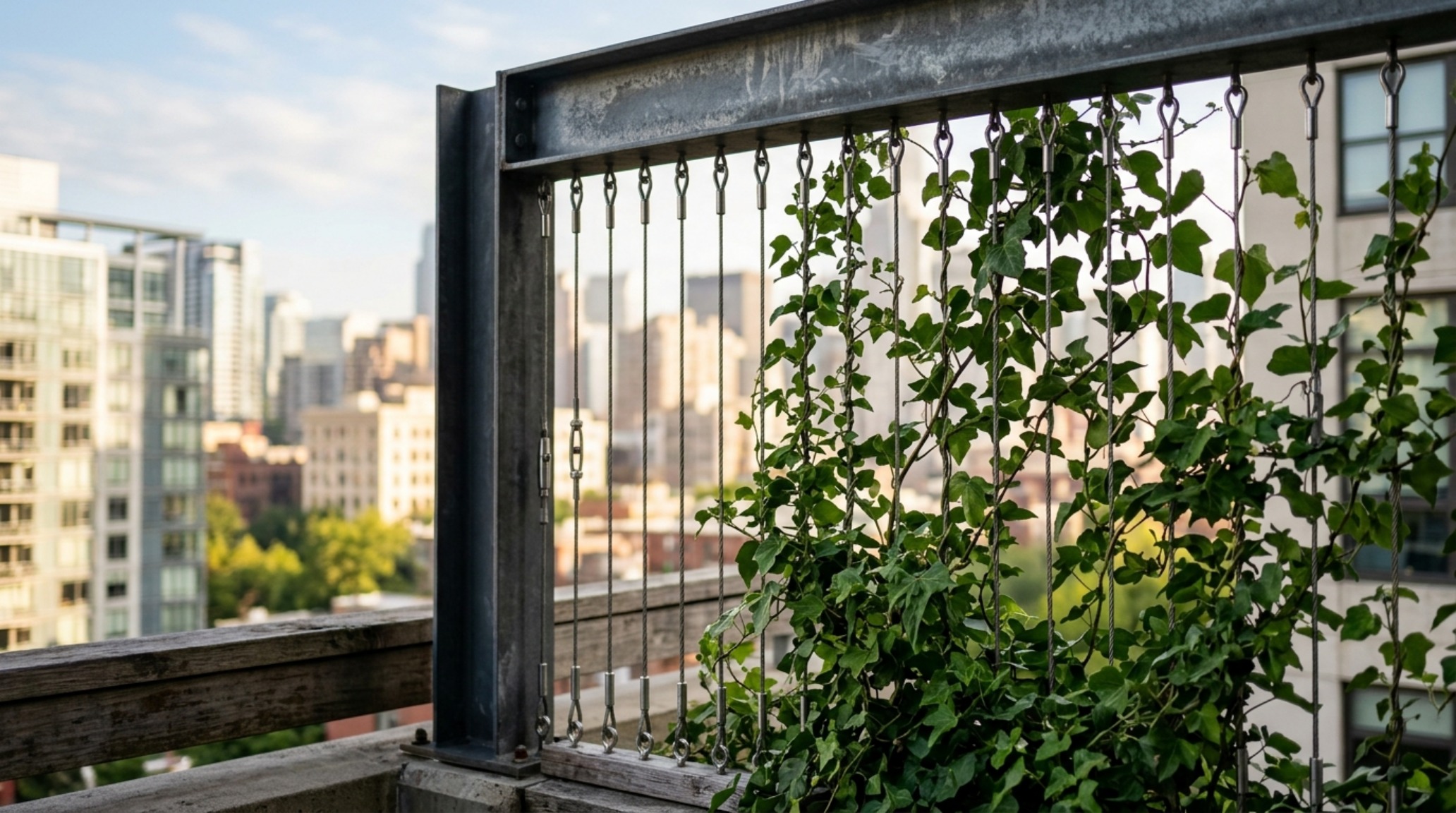 Editorial view of a balcony garden privacy screen made of thin steel cables and lush vines, integrated into a modern pergola structure.