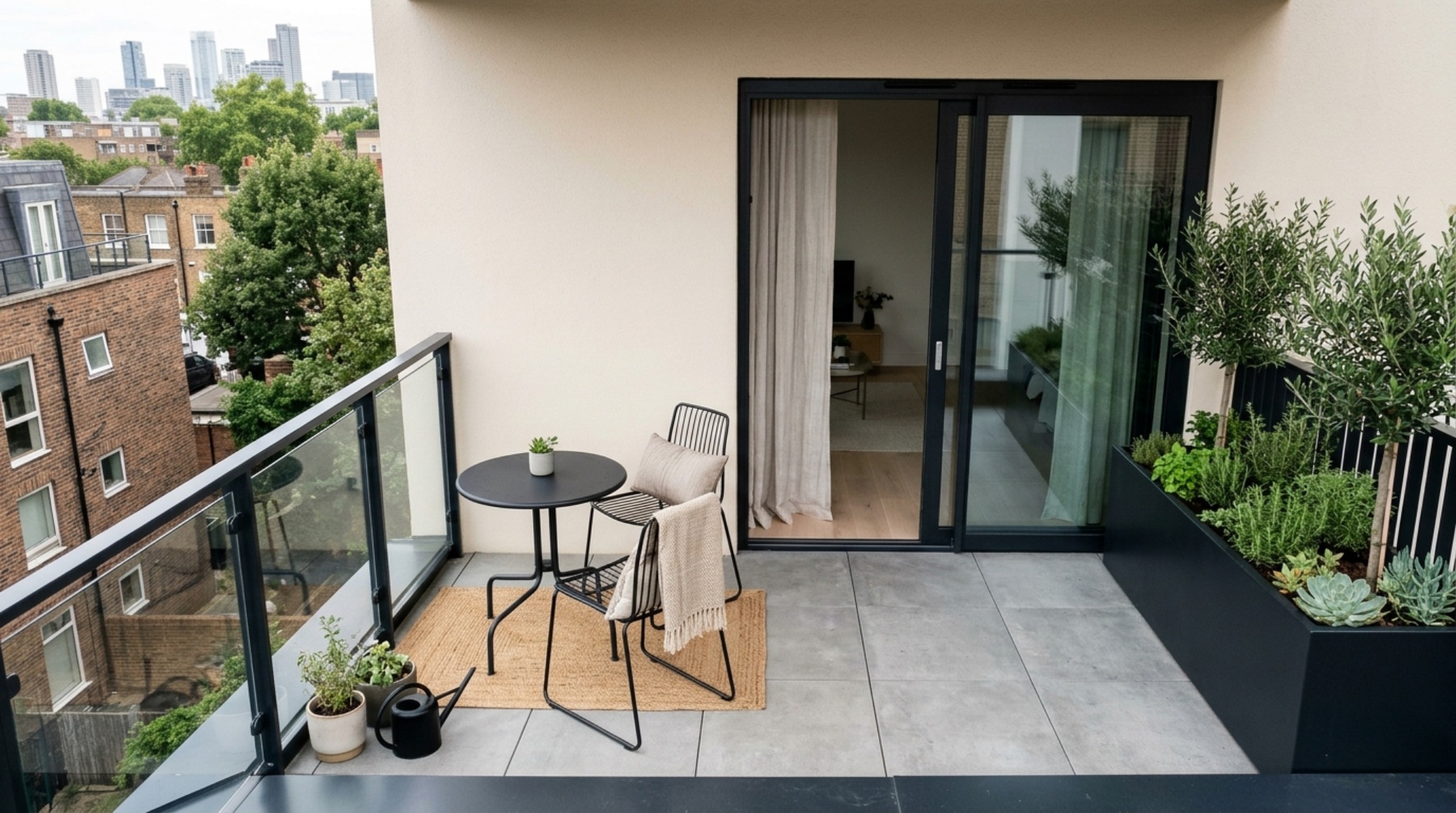 Top-down architectural plan view of a small balcony layout highlighting 30-inch dining chair clearances and ergonomic flow.