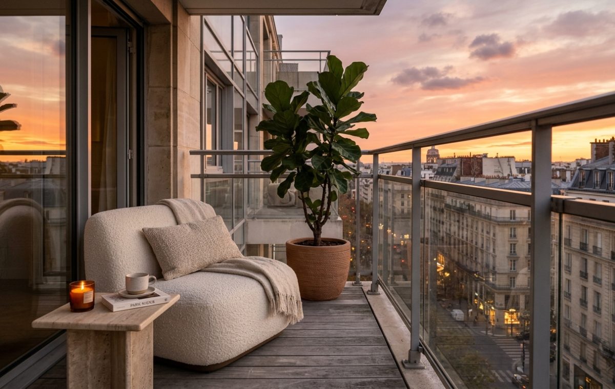 Editorial hero shot of a modern small balcony featuring a Golden Ratio furniture layout with a slimline lounge chair and architectural negative space at sunset.