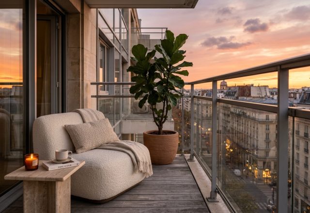 Editorial hero shot of a modern small balcony featuring a Golden Ratio furniture layout with a slimline lounge chair and architectural negative space at sunset.