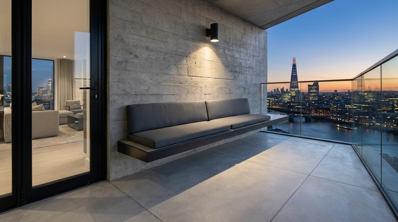 Minimalist outdoor seating area with a cantilevered bench design to maximize visible floor space on a tiny urban balcony.