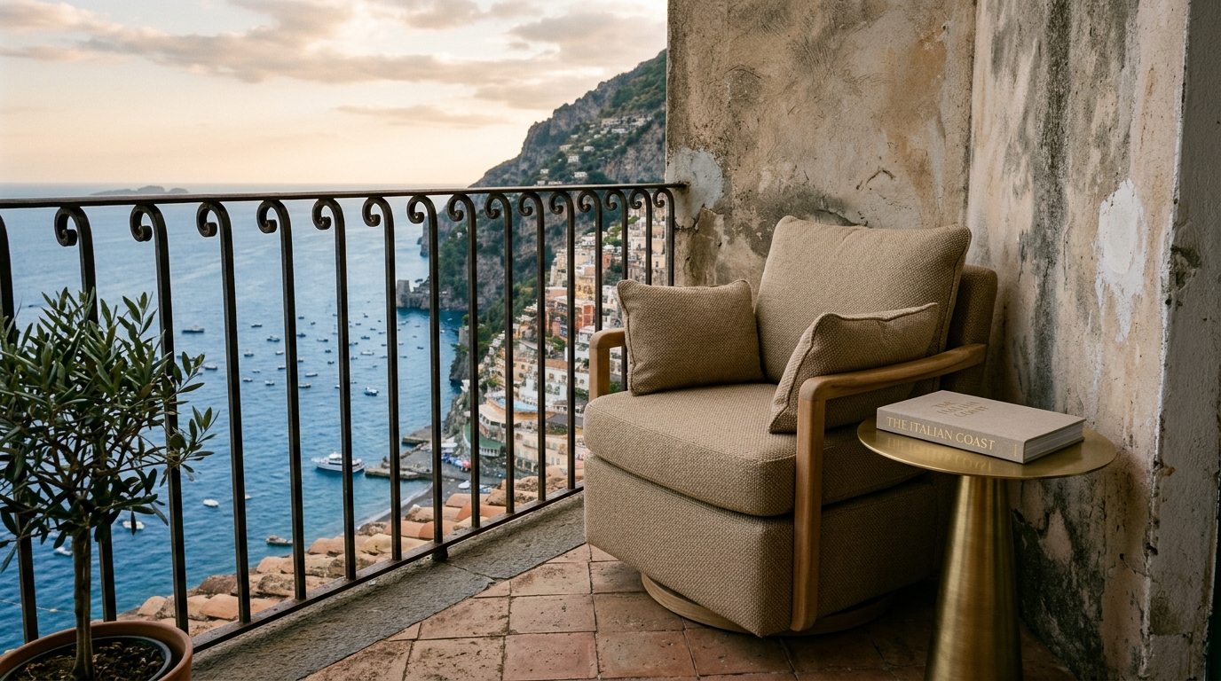 Luxury small balcony seating ideas featuring a single oversized swivel chair in a neutral sand-toned performance weave.