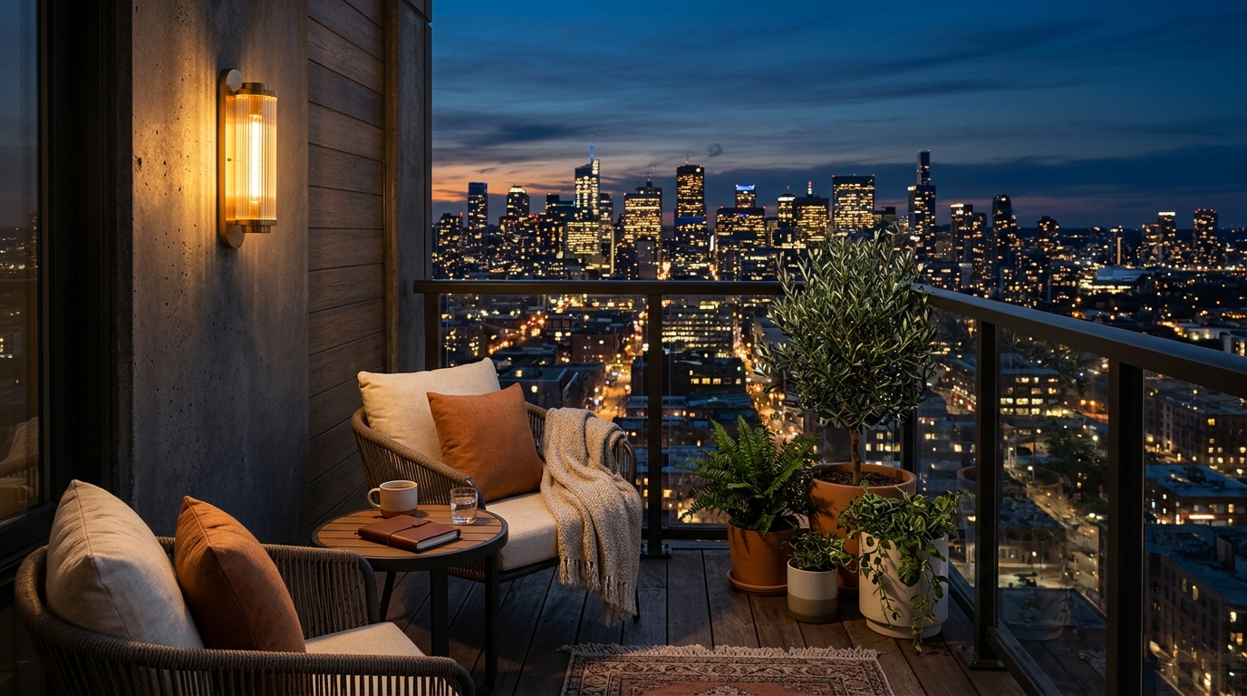 Dusk photography of an urban outdoor nook with indirect perimeter lighting and a clear view of the city skyline.