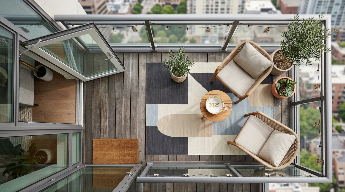 Top-down view of a stylish patio furniture set for 2025 arranged on a geometric outdoor rug with clean architectural lines.