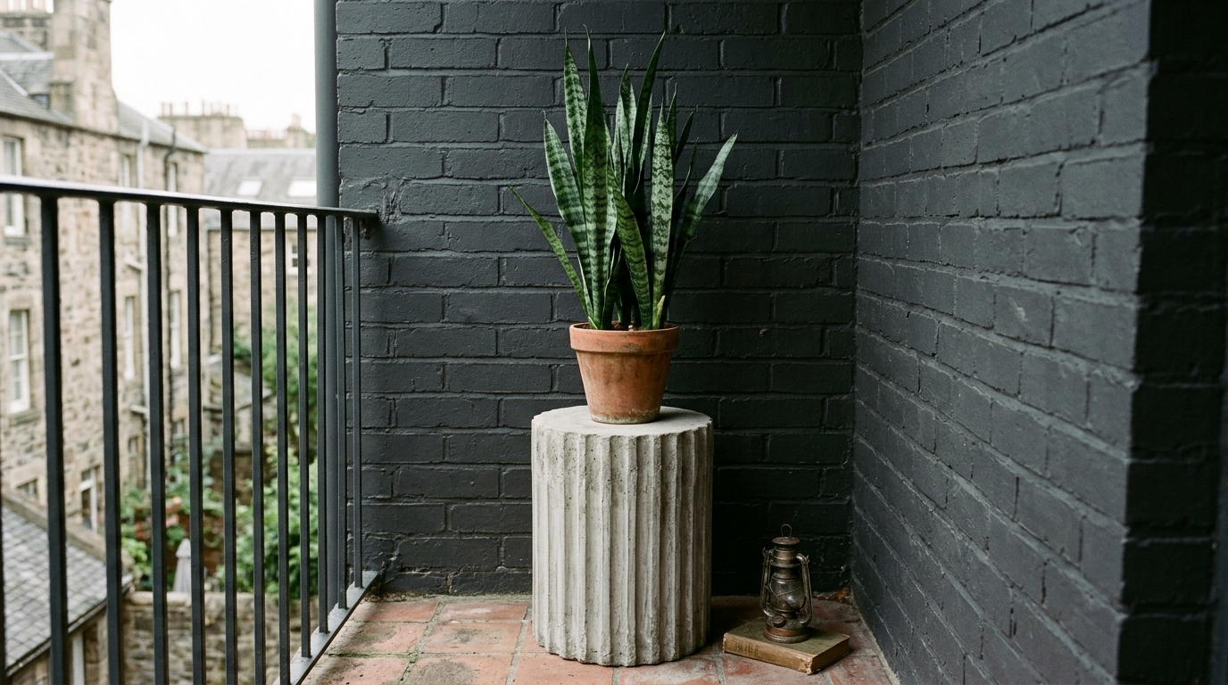 A curated corner of a small balcony featuring a fluted concrete stool and a collection of terracotta planters with architectural foliage.