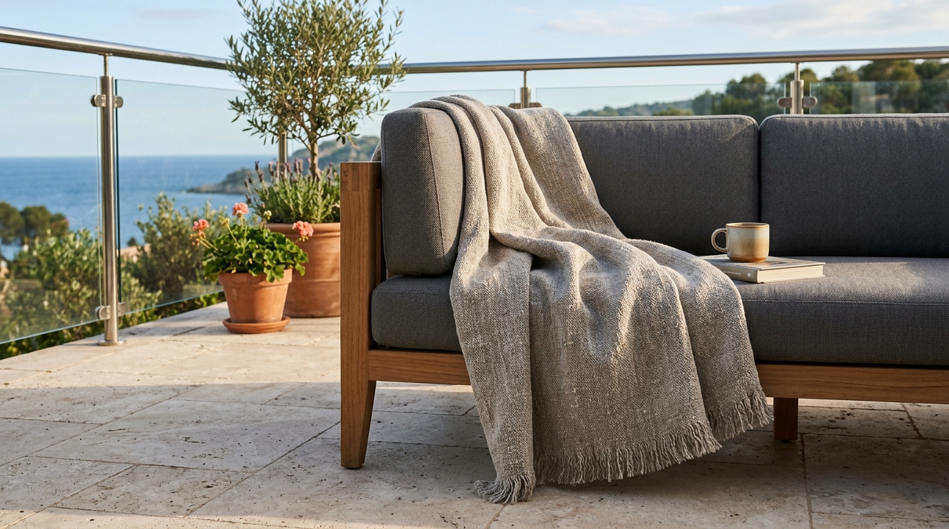 Detailed shot of a weather-resistant linen throw draped over a modern outdoor sofa on a luxury apartment terrace.