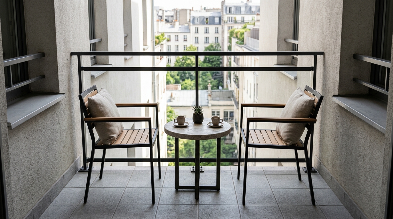 Symmetry and proportion in a small balcony layout with twin slimline chairs and a central focal point ceramic table.