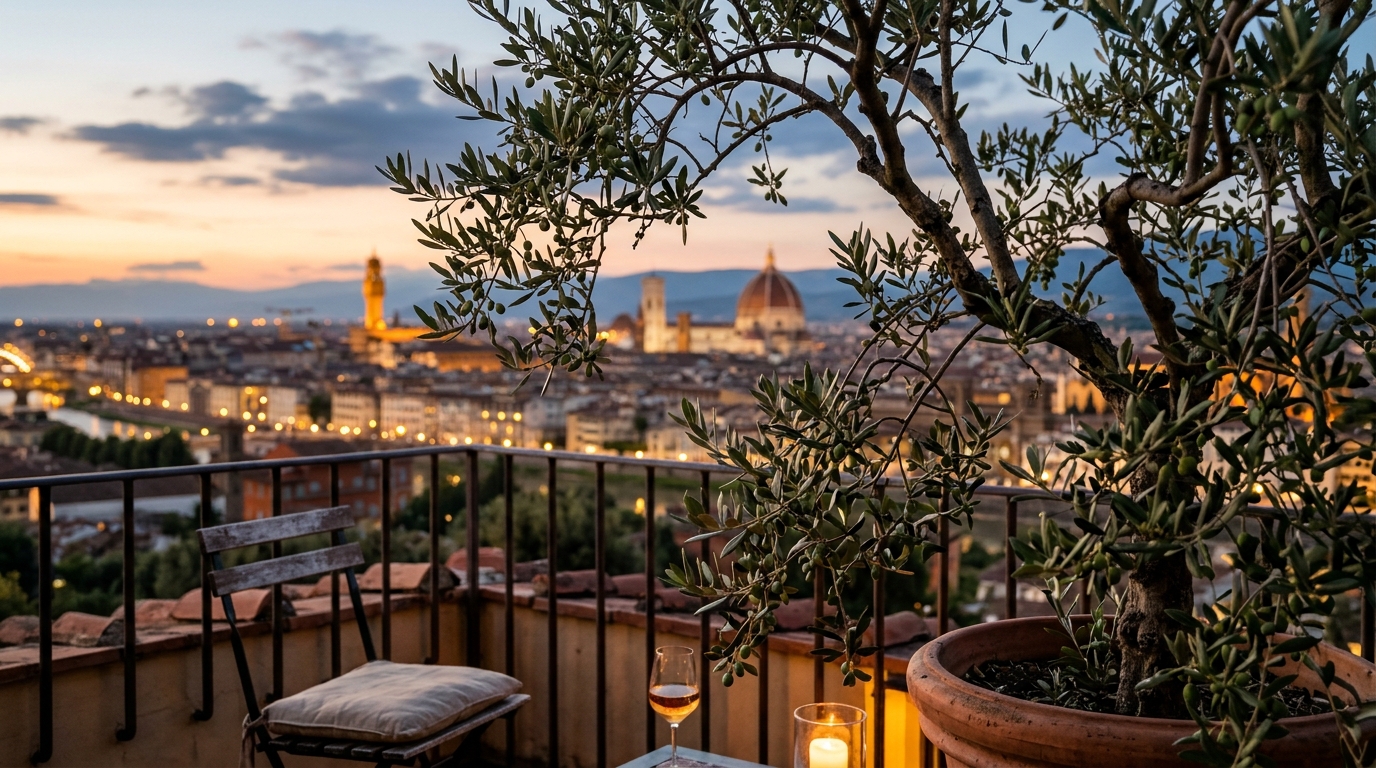 Soft-focus background of city lights through the leaves of a tall potted olive tree on a perfectly styled small balcony.
