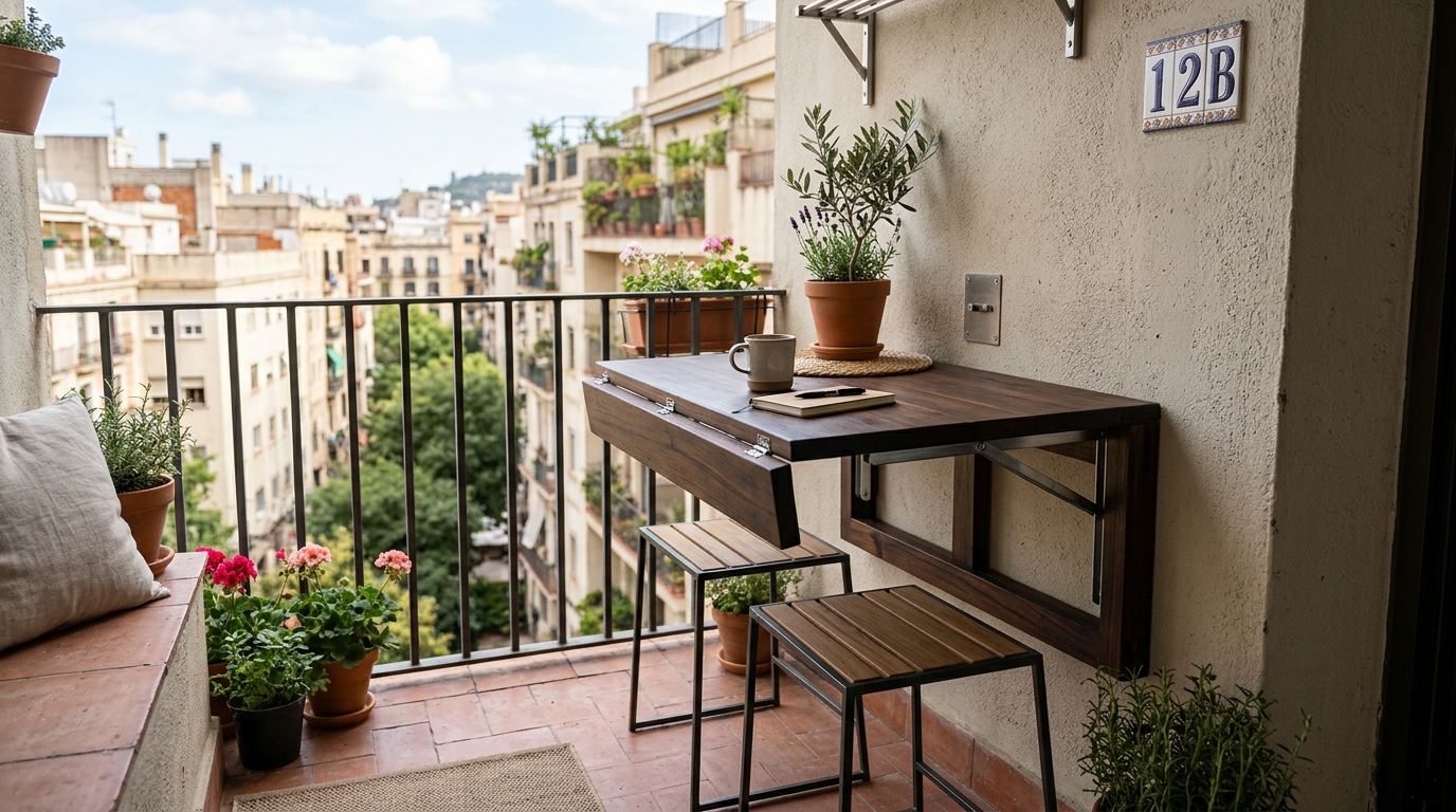 A functional yet elegant small balcony breakfast nook with a wall-mounted folding table and architectural stools.