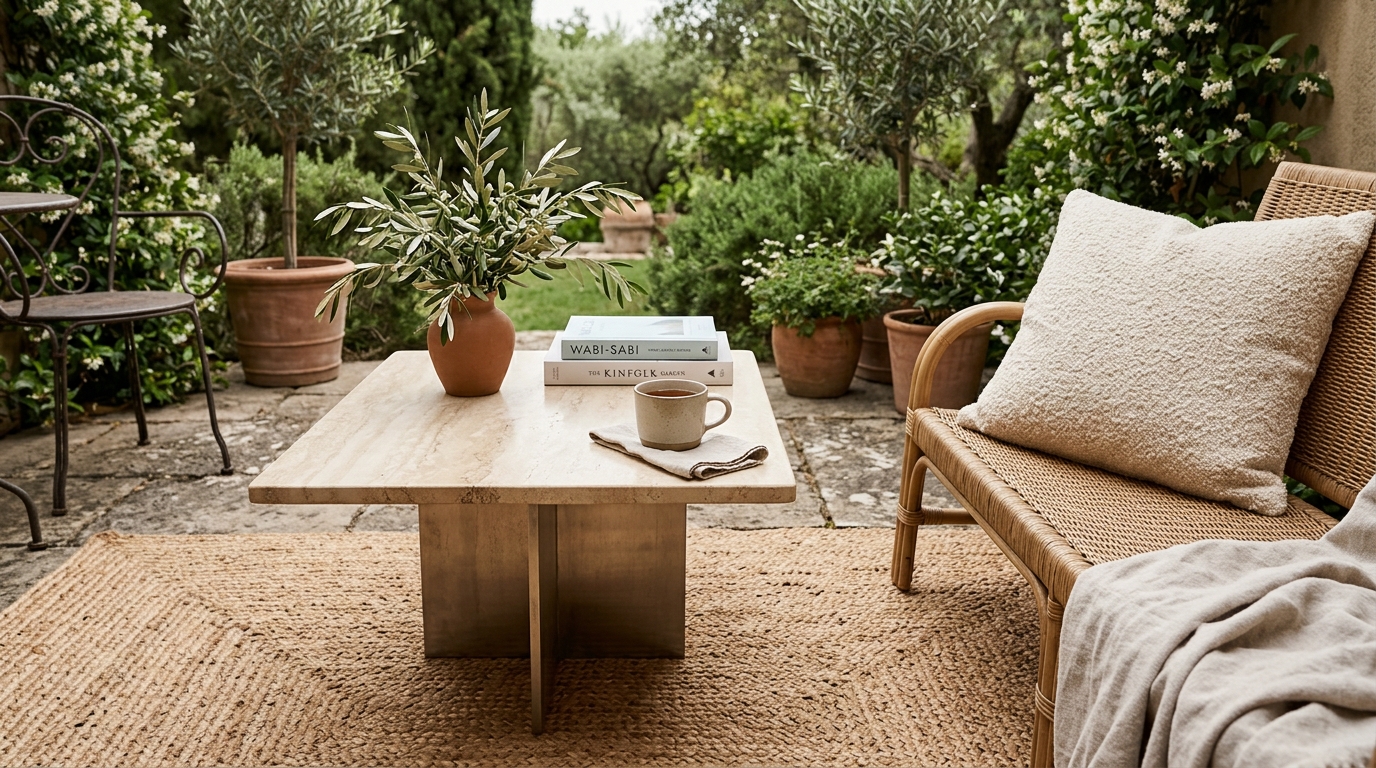 Texture-rich composition of a jute rug, a smooth stone table, and a plush outdoor cushion on a contemporary terrace.