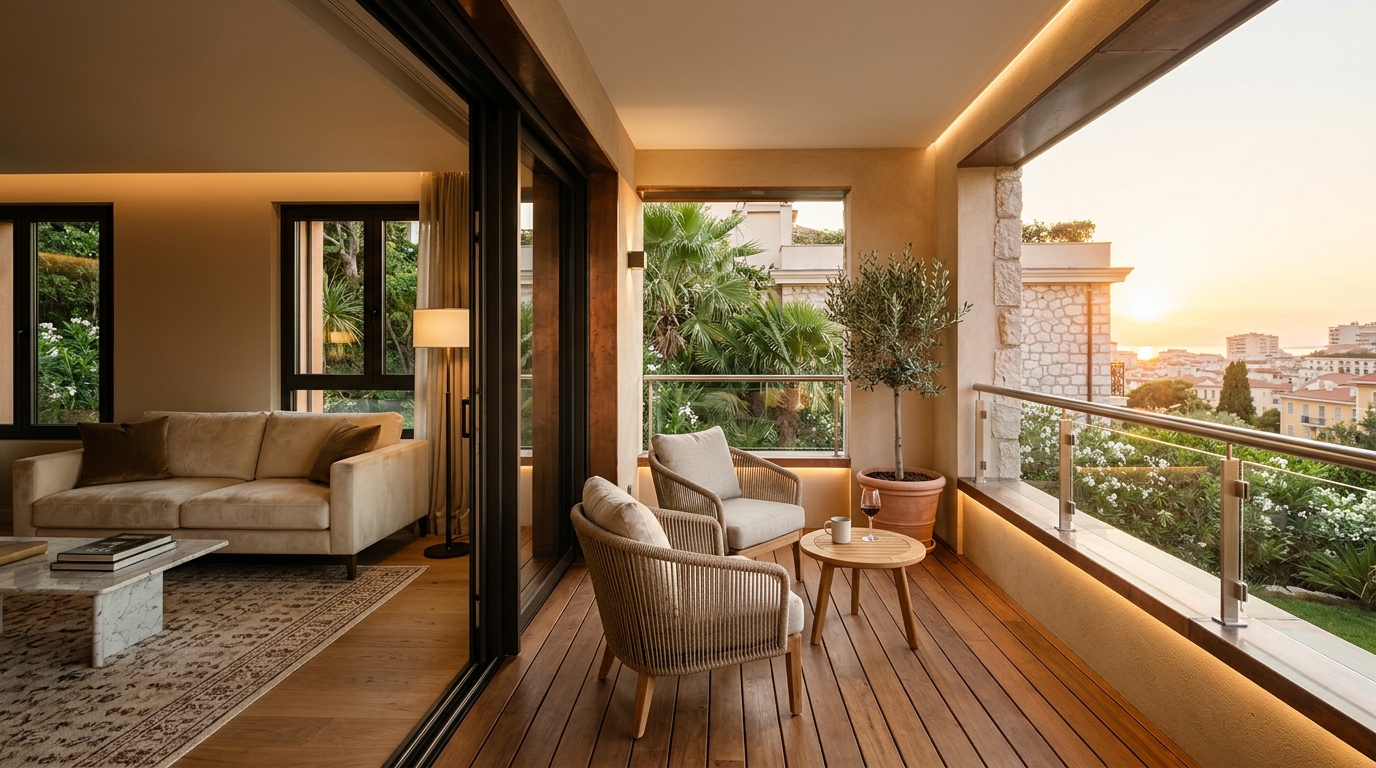 Forward-looking architectural reflection of a small balcony space utilized as a high-integrity extension of the home.