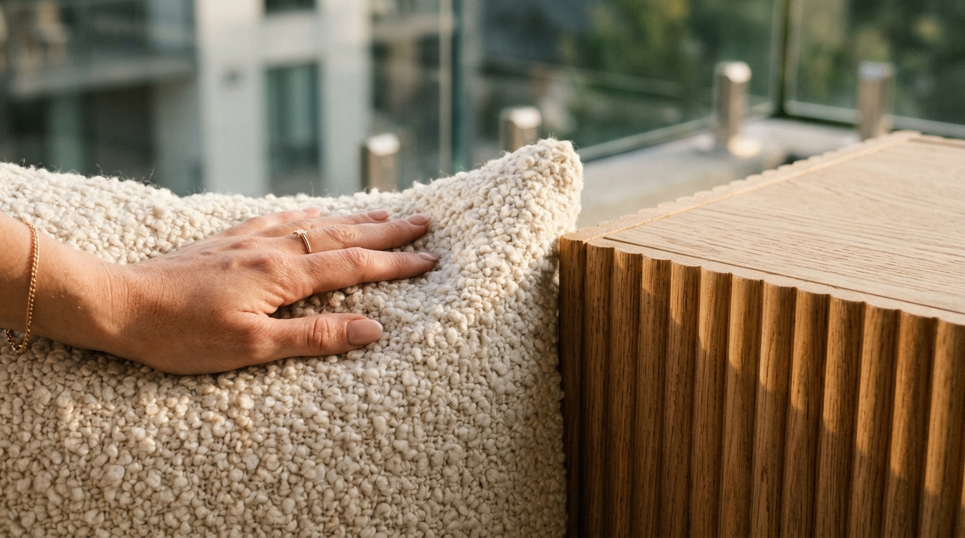 Close-up tactile detail of weather-resistant outdoor bouclé fabric and a honed travertine side table on a contemporary urban terrace.