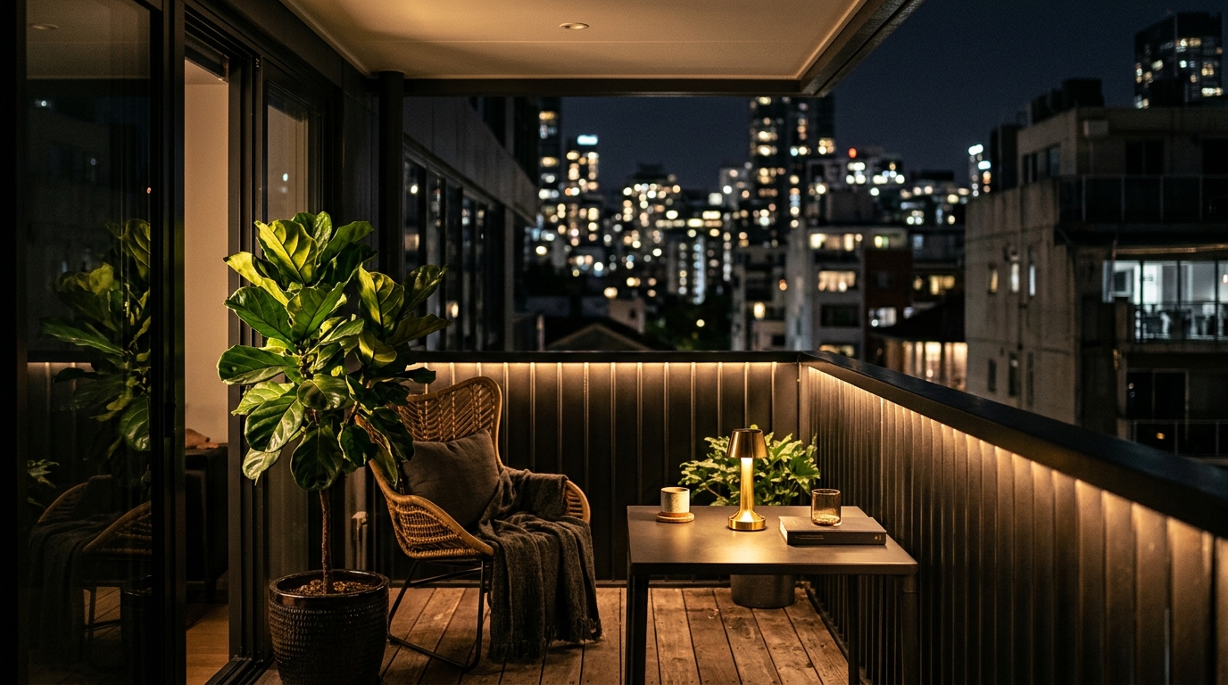 Atmospheric 2700K warm ambient lighting illuminating a narrow balcony garden with high CRI spotlights and soft shadow play.