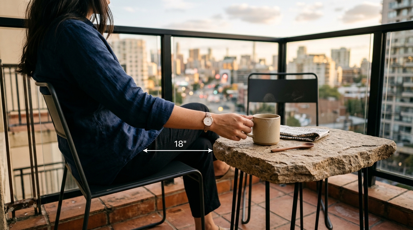 A lifestyle snapshot of a perfectly proportioned small balcony nook featuring an ergonomic 18-inch reach coffee table and fluted oak accents.