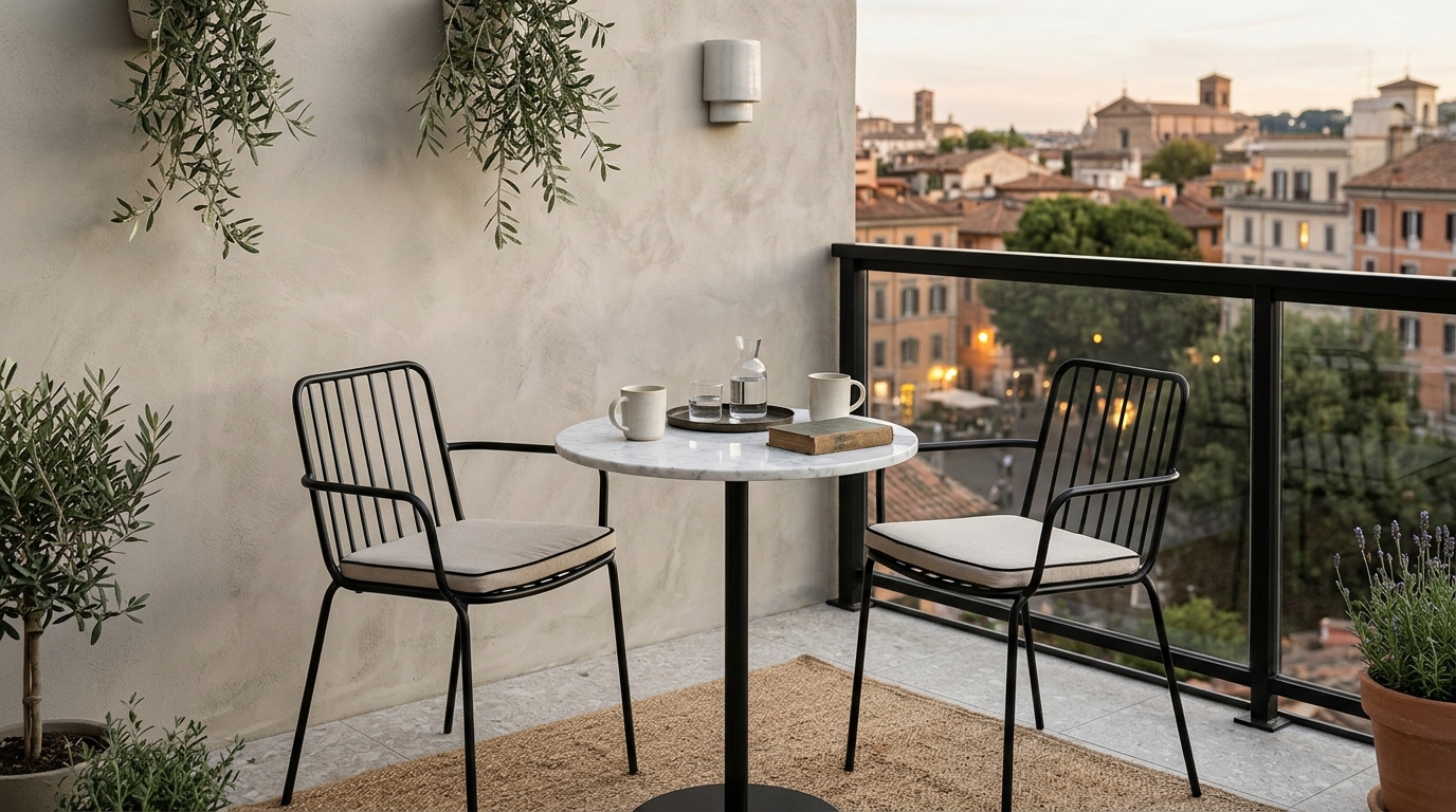 Sophisticated narrow balcony furniture layout featuring a powder-coated aluminum bistro set and large-format porcelain floor tiles in Benjamin Moore Swiss Coffee.