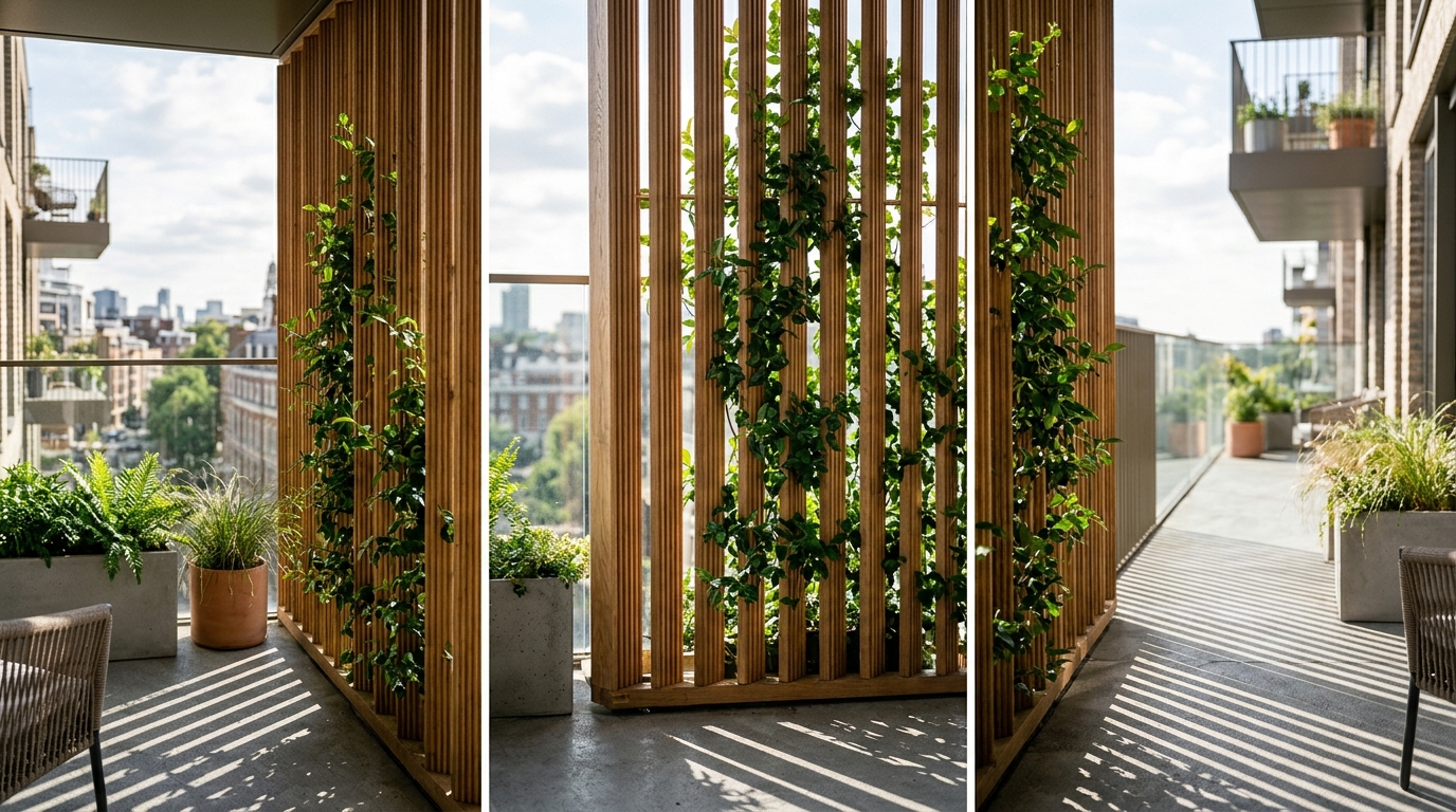 Biophilic balcony design with a custom vertical garden privacy screen made of sustainable cedar slats and climbing jasmine vines.