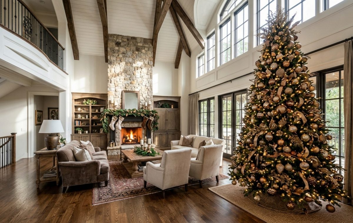luxury christmas tree themes featuring a 10-foot Nordmann Fir in a vaulted ceiling living room with warm white LED lighting and minimalist bronze ornaments.