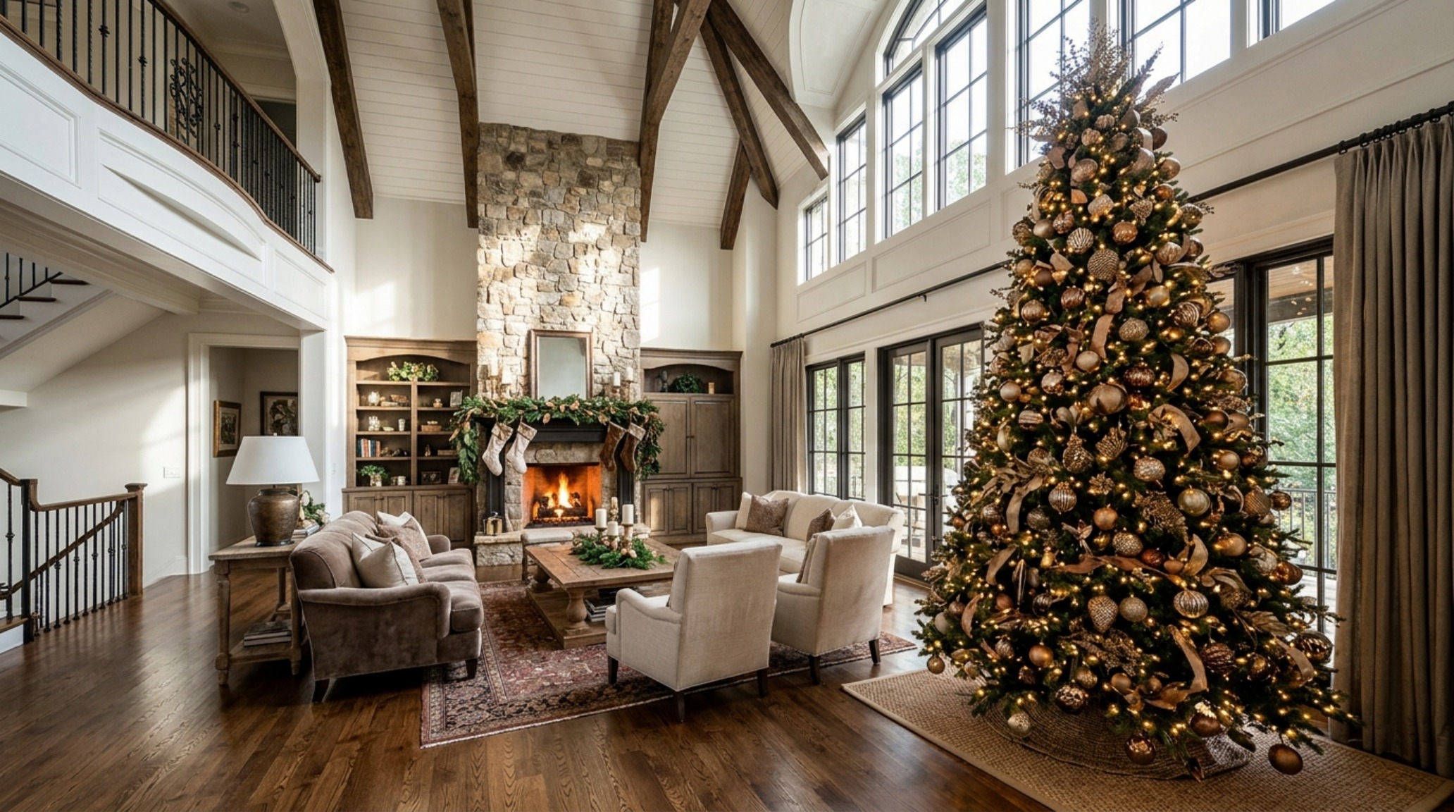 luxury christmas tree themes featuring a 10-foot Nordmann Fir in a vaulted ceiling living room with warm white LED lighting and minimalist bronze ornaments. luxury christmas tree themes featuring a 10-foot Nordmann Fir in a vaulted ceiling living room with warm white LED lighting and minimalist bronze ornaments.