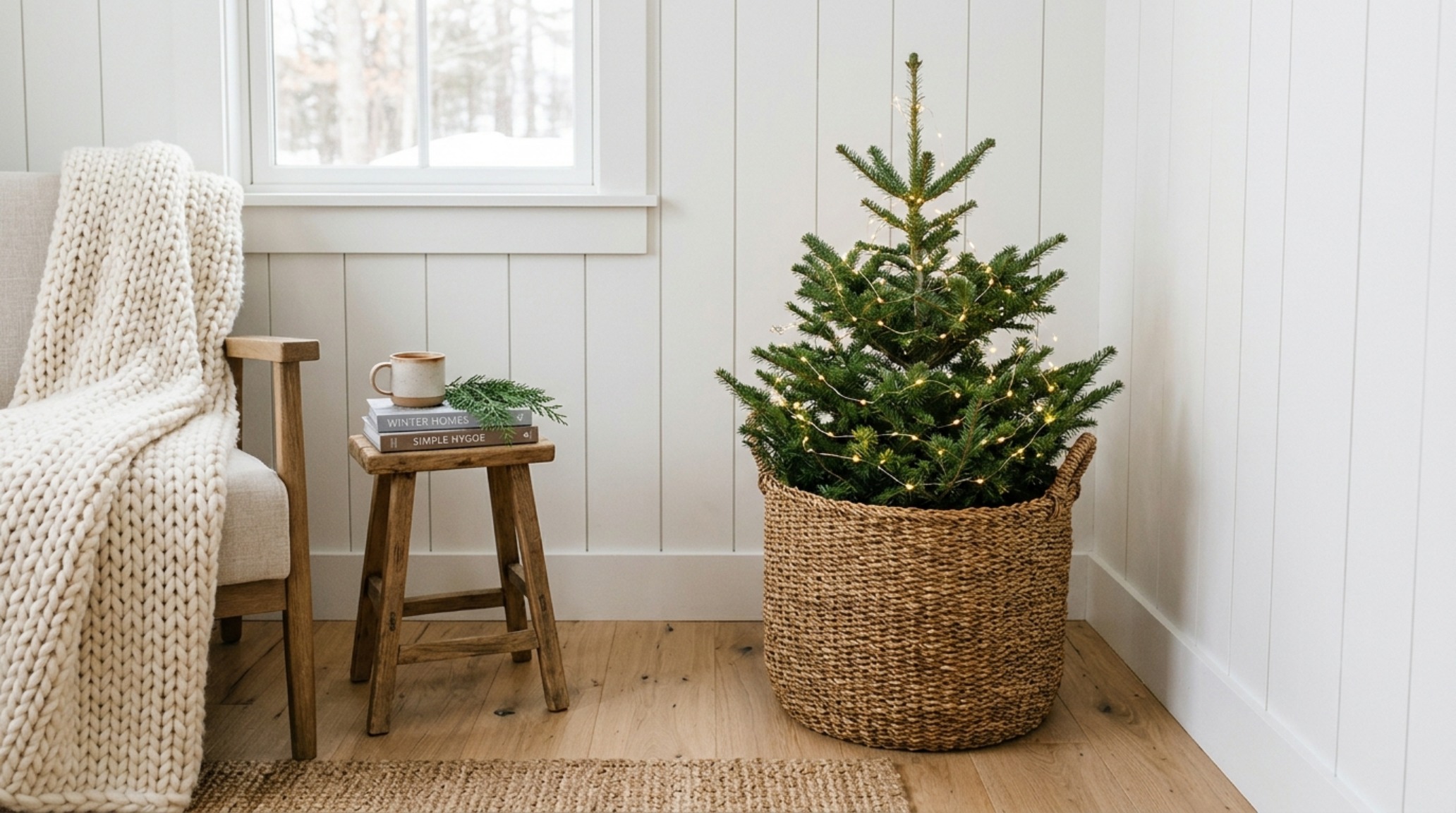 modern farmhouse christmas trends with a large-scale woven basket holding a minimal pine tree decorated only with tiny warm lights. modern farmhouse christmas trends with a large-scale woven basket holding a minimal pine tree decorated only with tiny warm lights.