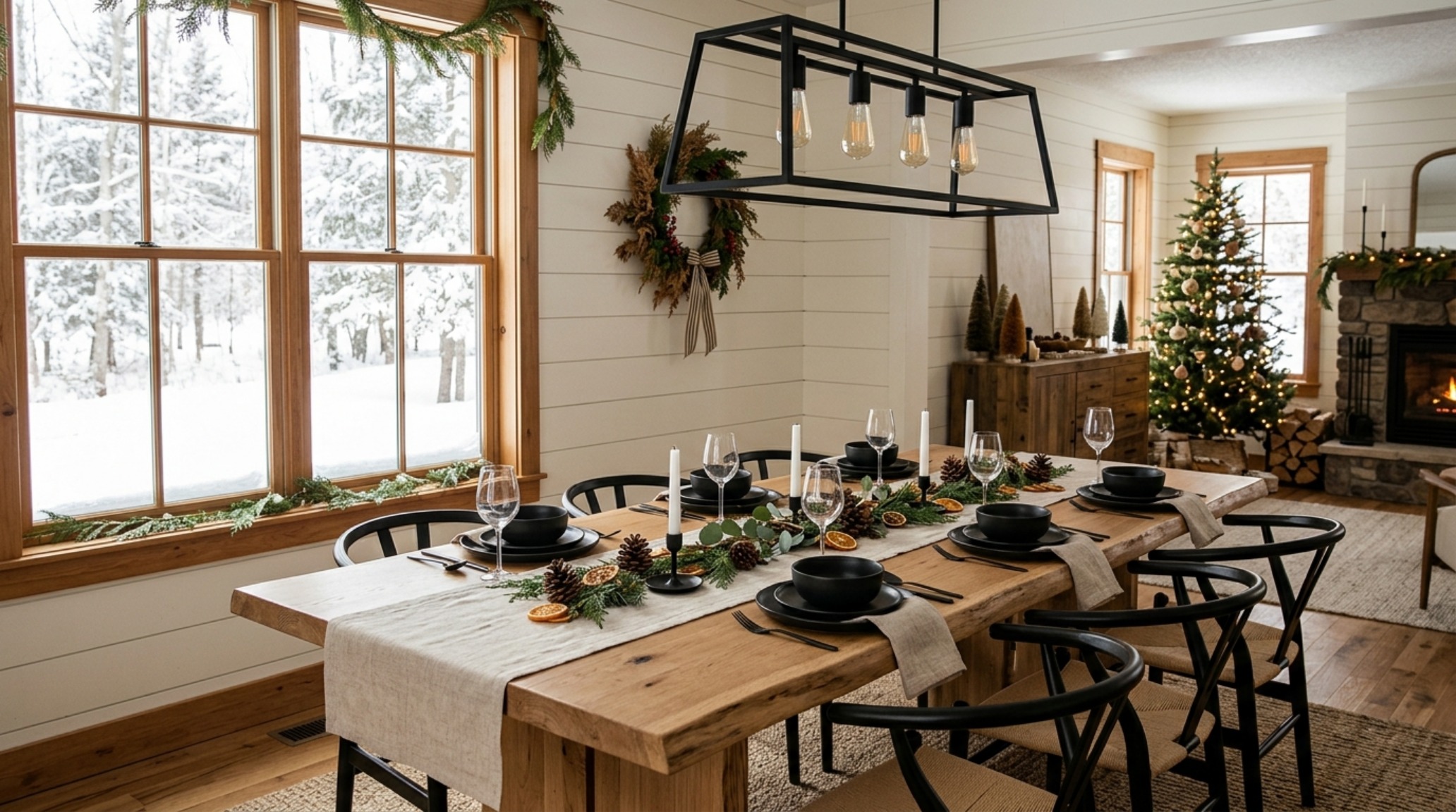 modern farmhouse christmas trends featuring a reclaimed wood dining table set with linen runners, dried citrus wheels, and matte ceramic plates. modern farmhouse christmas trends featuring a reclaimed wood dining table set with linen runners, dried citrus wheels, and matte ceramic plates.