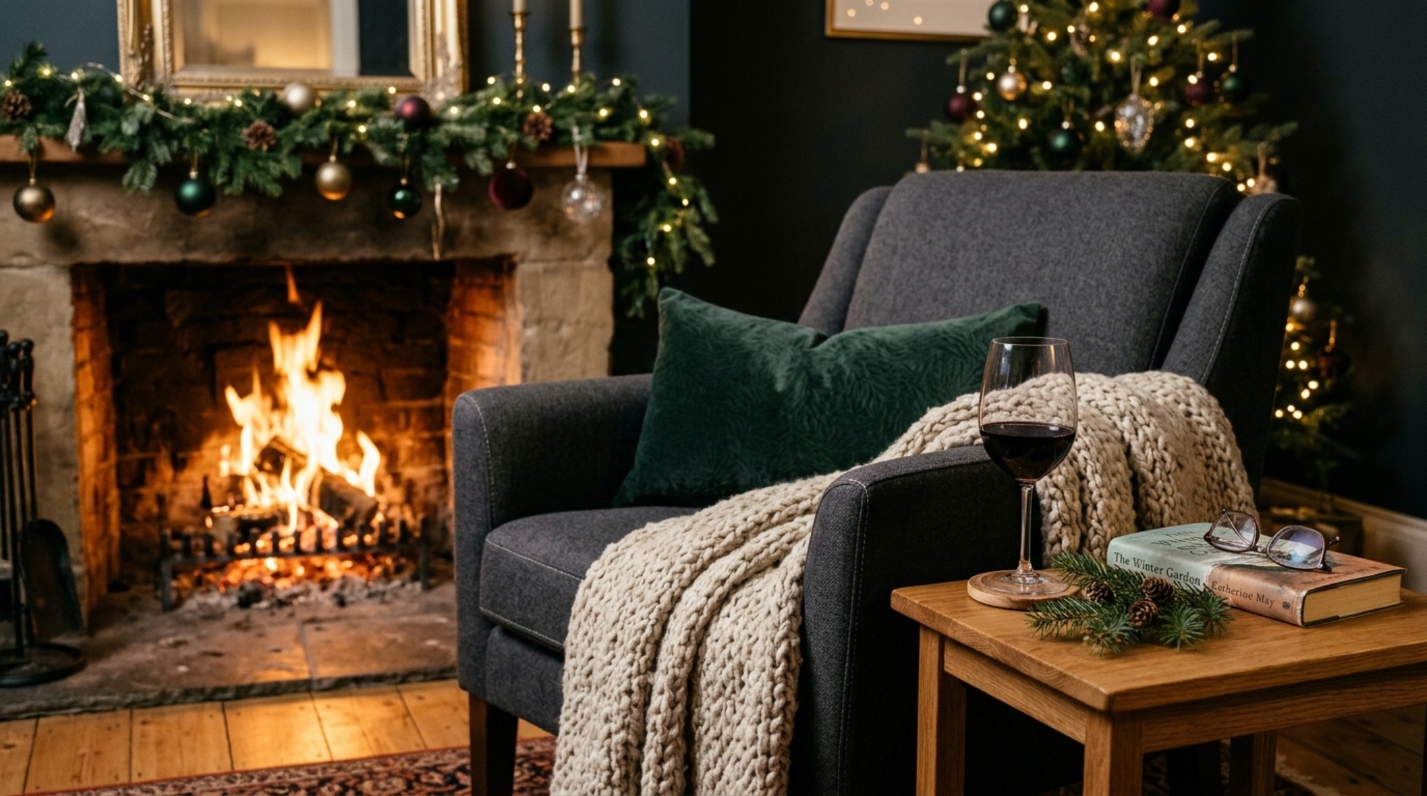 quiet luxury christmas decor featuring a heavy wool throw and velvet pillows in deep juniper green on a charcoal grey sectional sofa. quiet luxury christmas decor featuring a heavy wool throw and velvet pillows in deep juniper green on a charcoal grey sectional sofa.