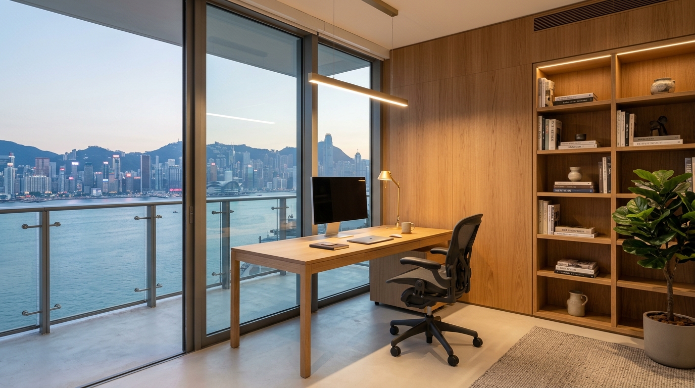 Sun-drenched urban balcony optimization with thin-profile Urban Bronze mullions and automated linen shades for glare control.