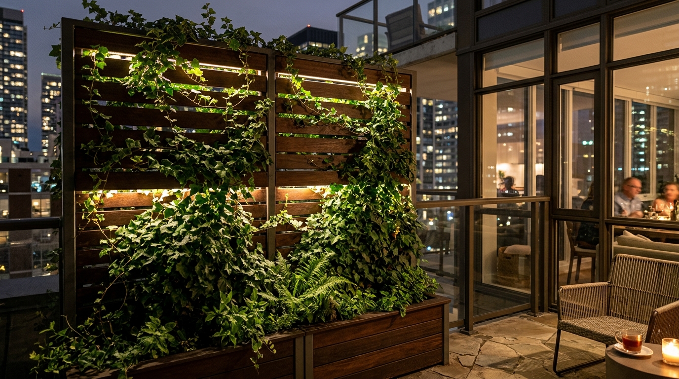 Deeply immersive balcony garden privacy screen utilizing vertical slatted wood and architectural lighting at 3000K.