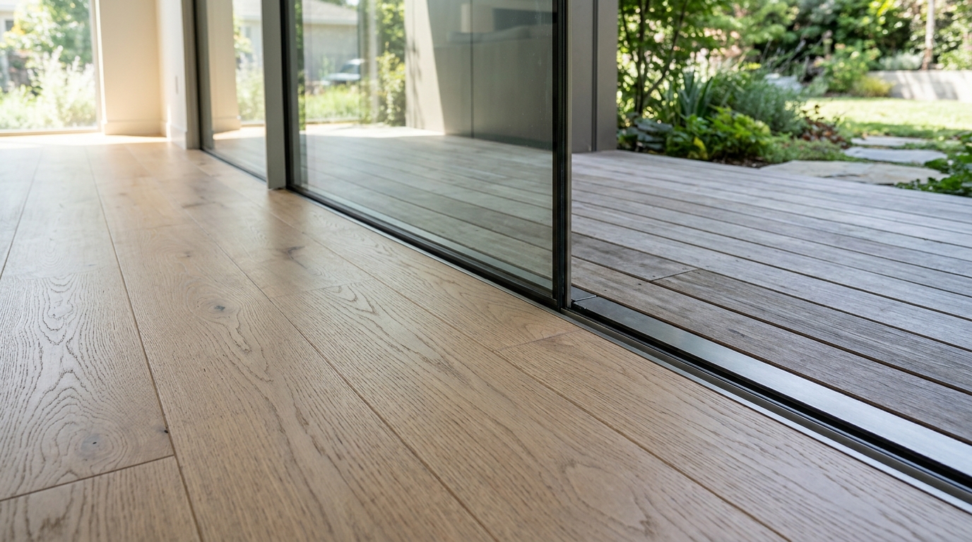 Refined small apartment balcony ideas showing a continuous floor plane from a living room to a glass-enclosed loggia.