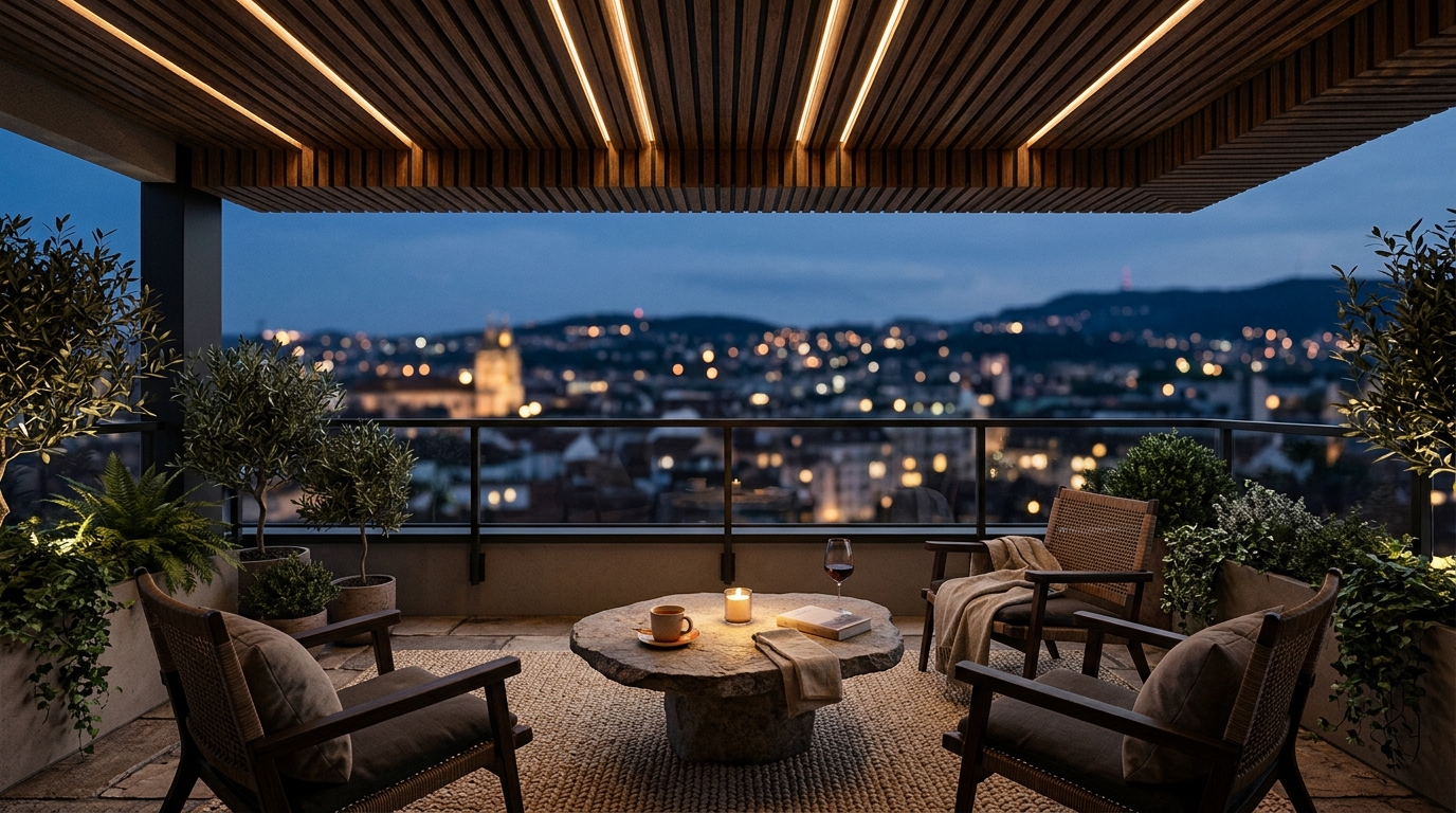Cozy outdoor balcony string lights with a high-end editorial twist, using warm 2700K micro-LEDs integrated into a timber ceiling.