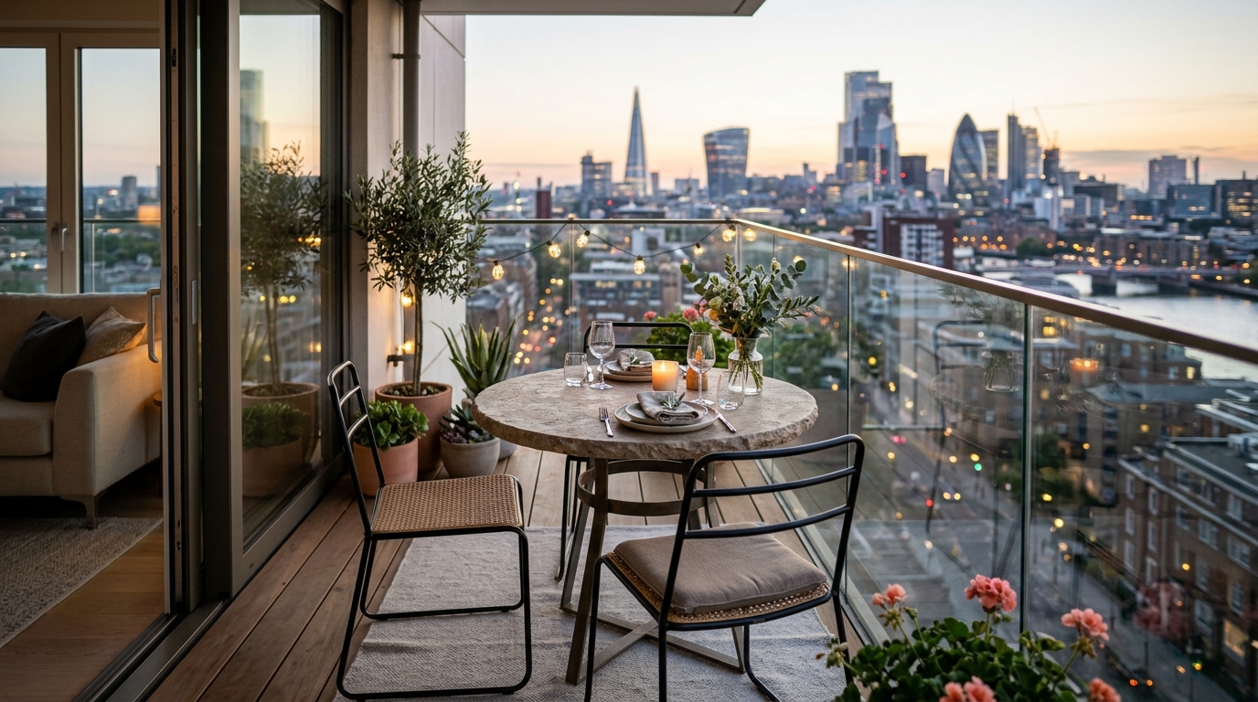 A sophisticated home office setup within an enclosed balcony, emphasizing ergonomic 36-inch clearances and task lighting.