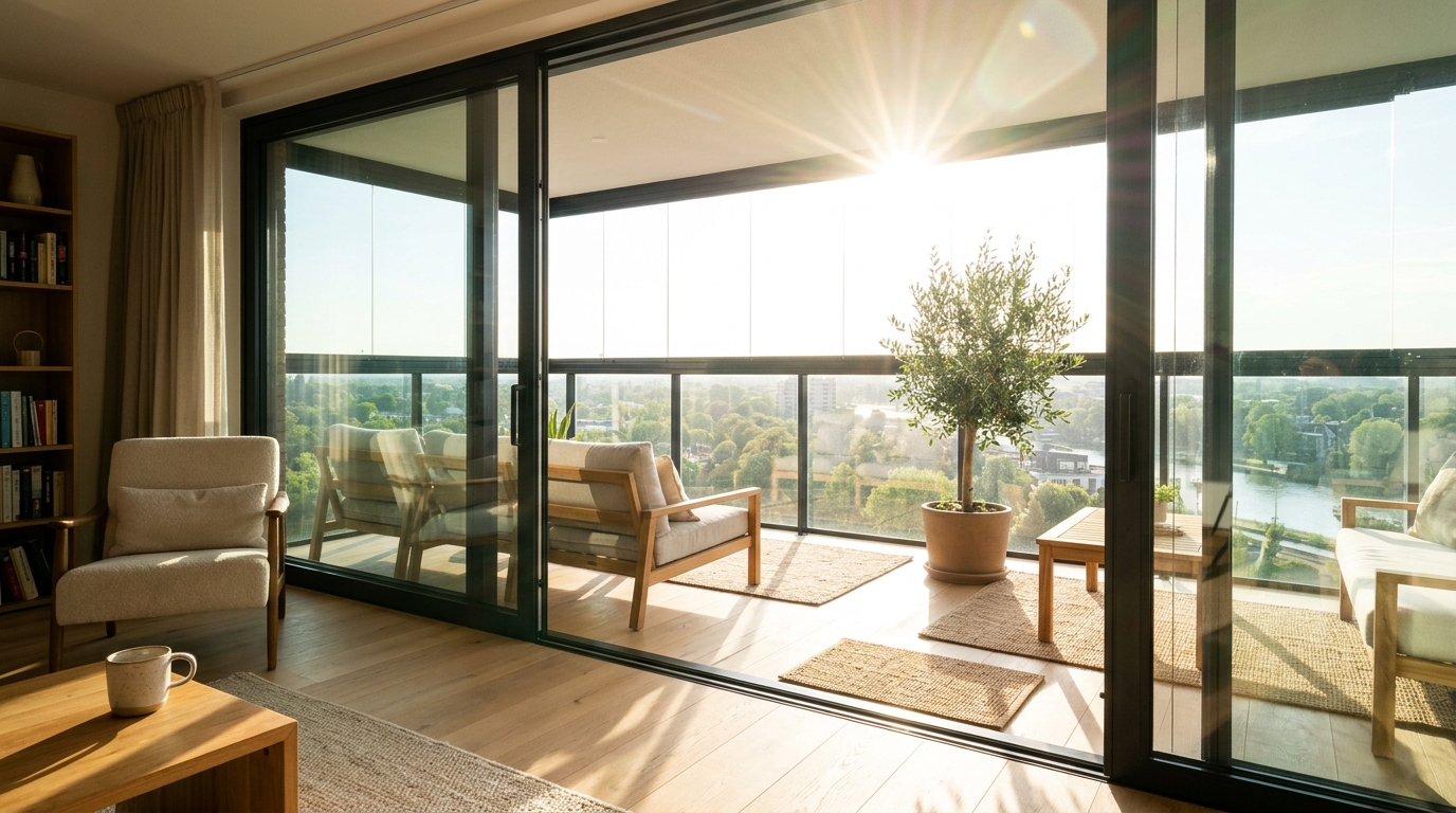Direct sunlight hitting a honed stone side table on a glass-enclosed balcony, showcasing rich materiality and high CRI lighting.