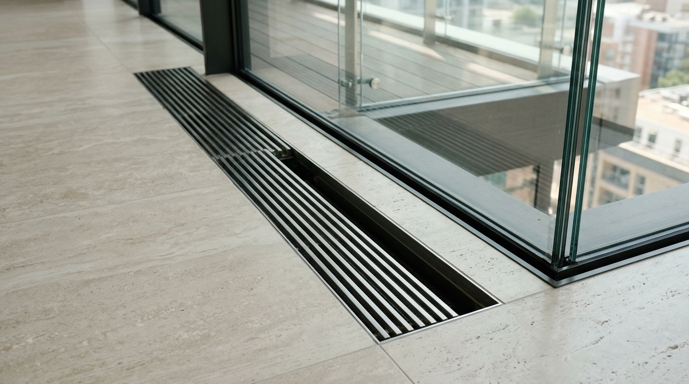 Symmetry in design: vertical glass seams aligned with interior structural columns in a modern urban apartment.