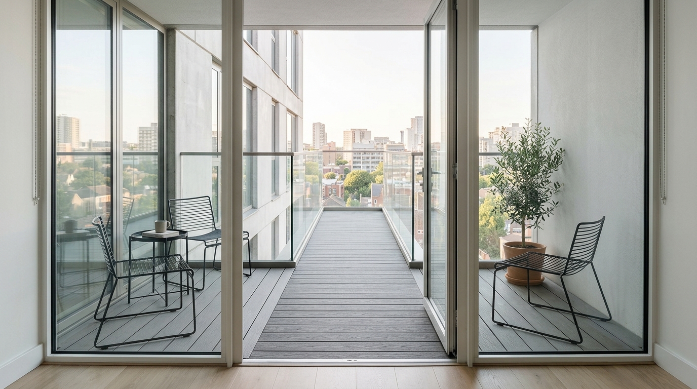 Architectural perspective of an urban balcony layout featuring symmetric frameless glazing and a clear 36-inch walkway for optimal flow.