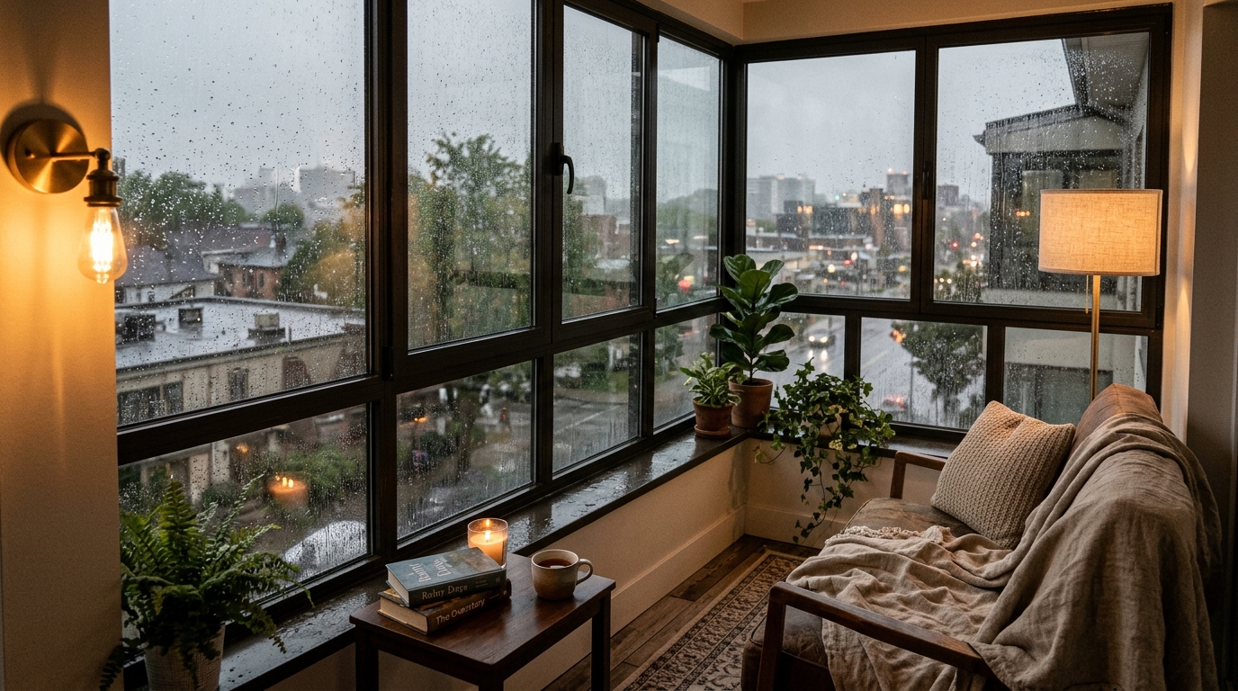 Editorial shot of an enclosed balcony during the 'blue hour,' showing the balance of interior warmth and exterior cool tones.